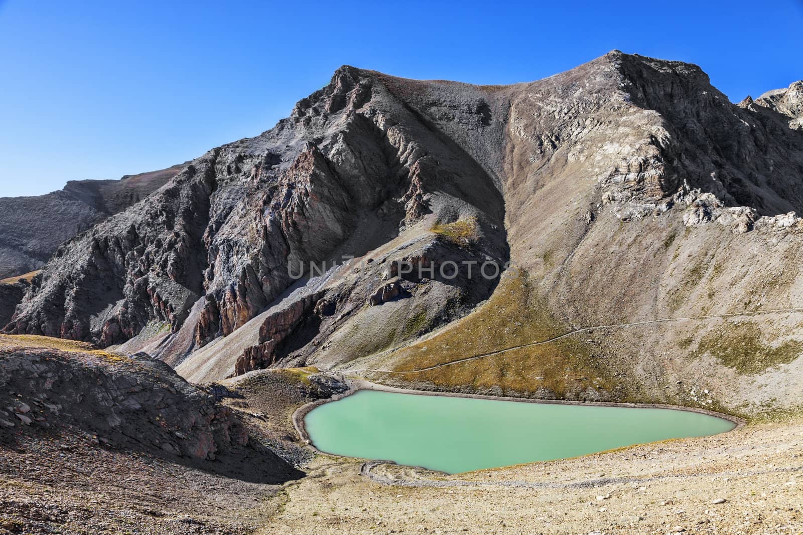 The Lake Petit Cayolle located in The Southern French Alps in the Mercantour National Park in Alpes-du-Haute-Provence department in France.