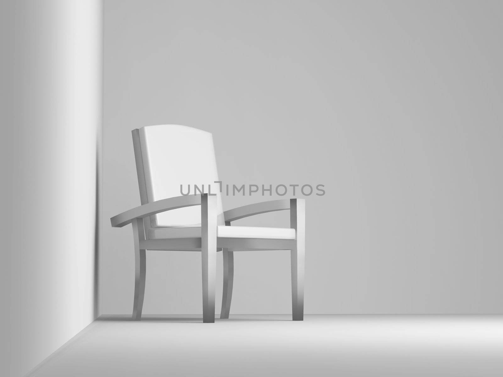 Alone light chair on a background of a white wall and a floor