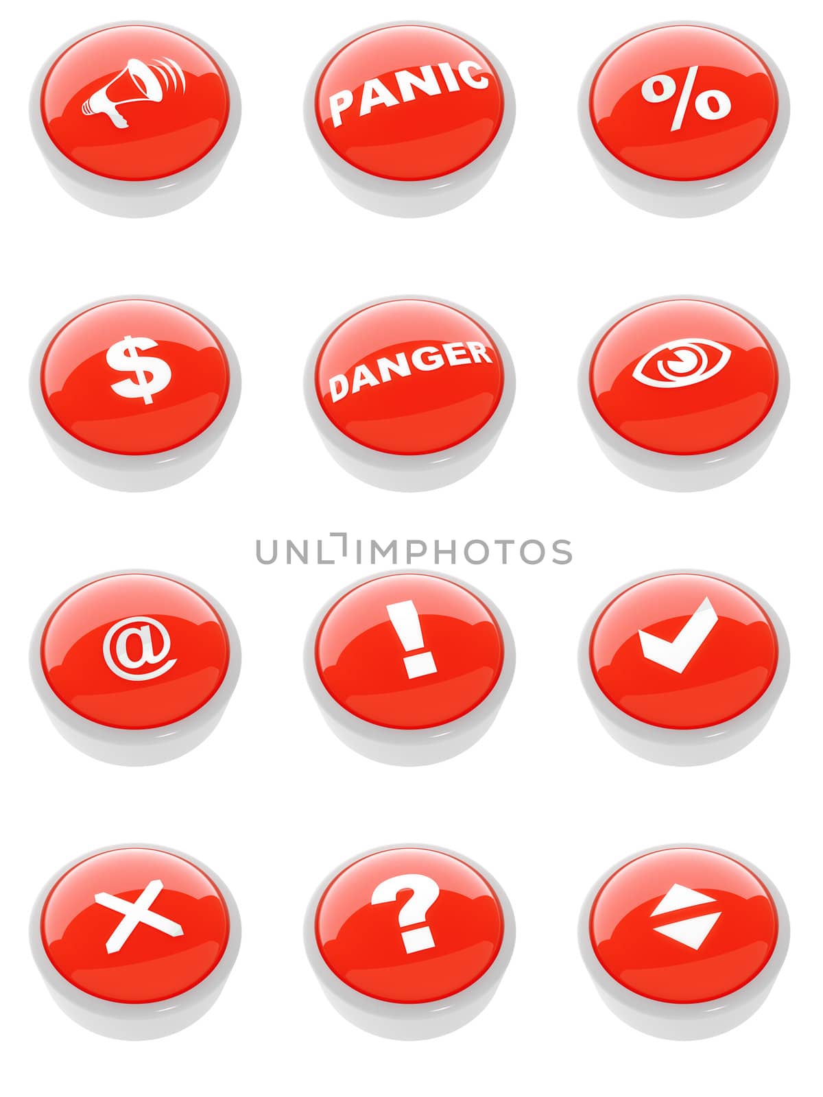 set of red buttons with a caution sign on a white background