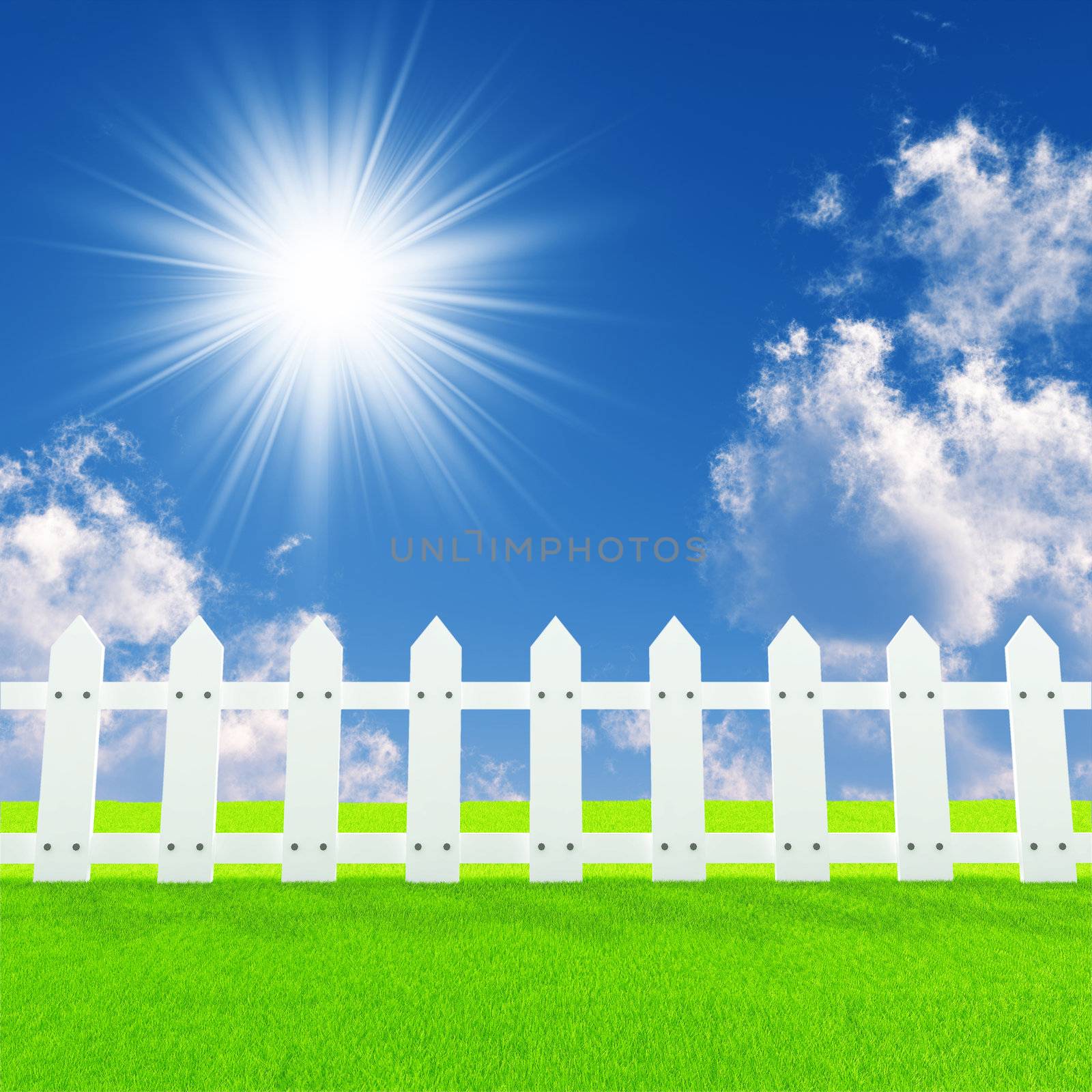 white fence on a summer lawn in a sun day