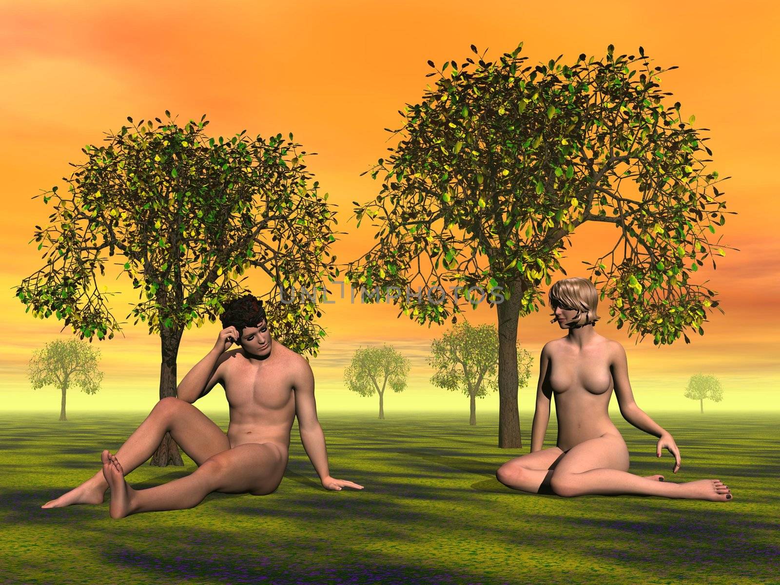 Naked Adam and Eve sitting on the grass in Eden garden by orange sunset