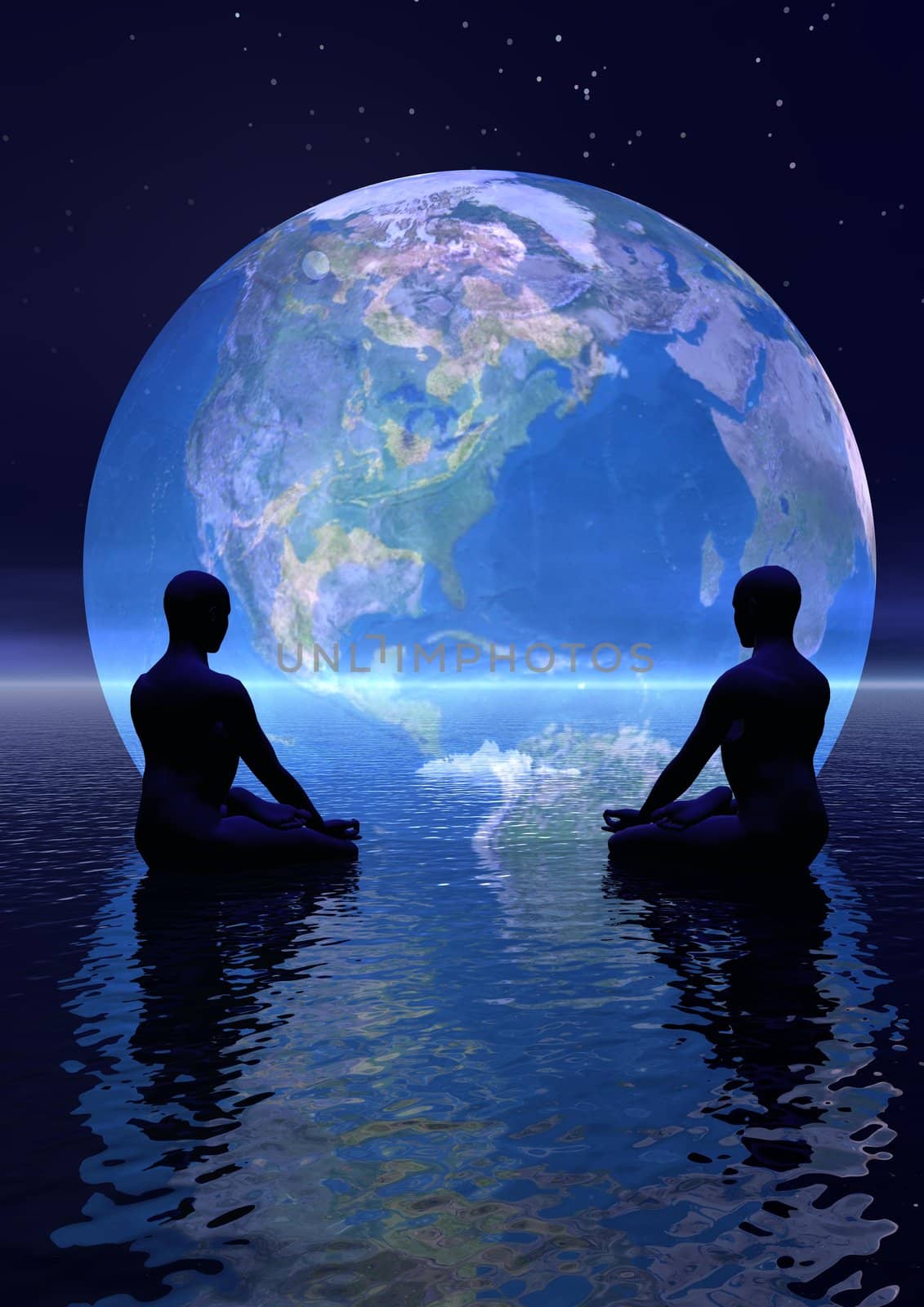 Two human silouhettes meditating in front of the earth by night