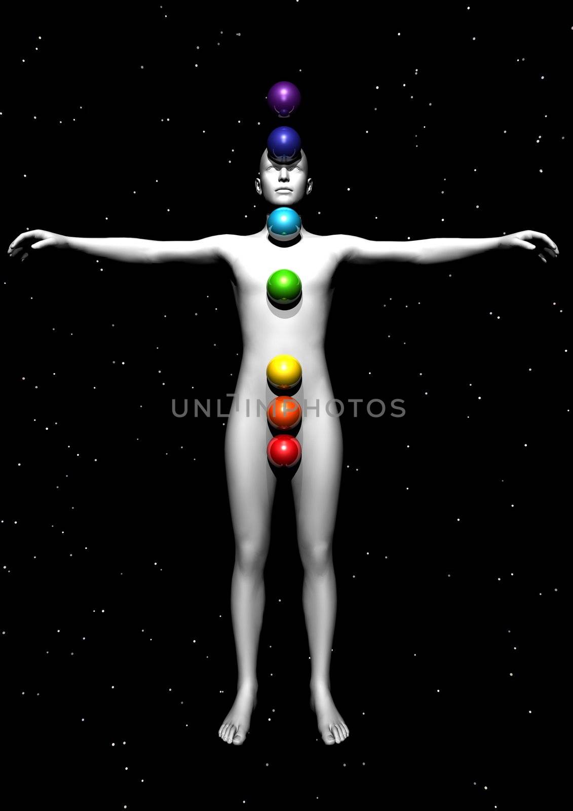 Human standing and balls with colors symbolizing chakras
