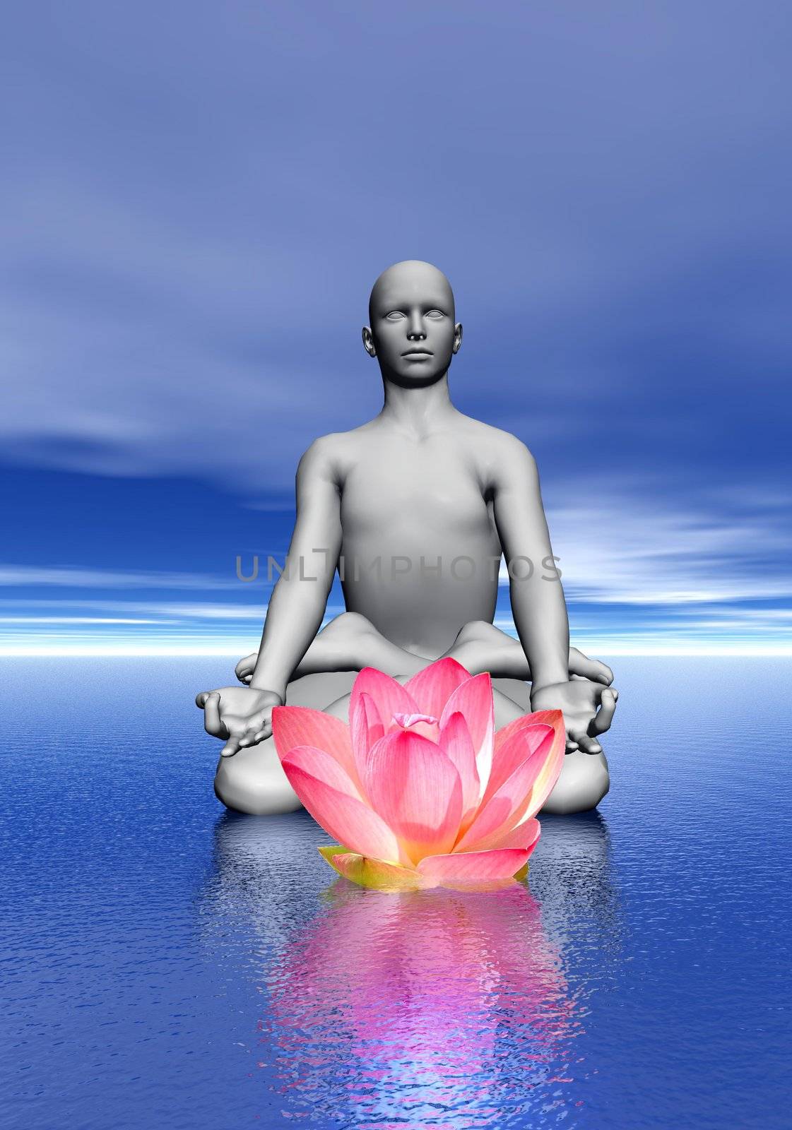 Man meditating in front of a waterlily upon the ocean by cloudy weather