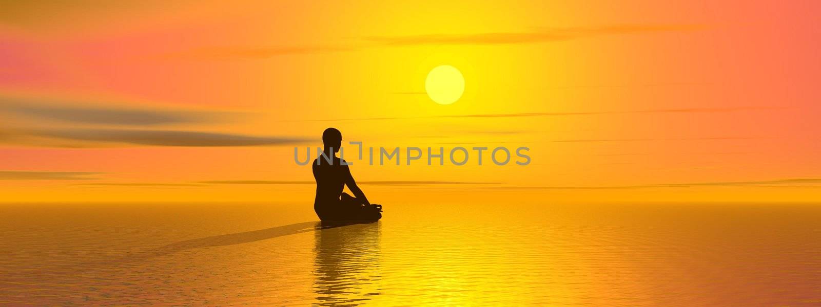 Man meditating in front of the sun and upon the ocean by beautiful sunset