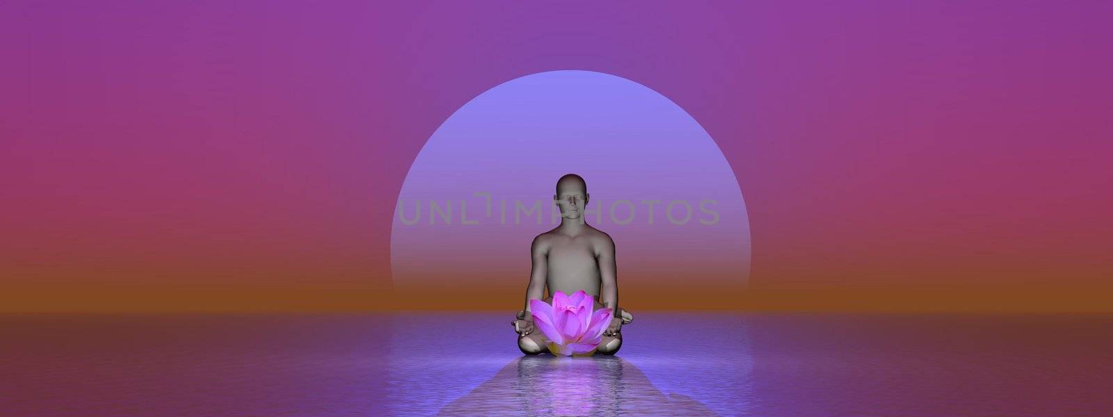 Man meditating in front of a waterlily, with the moon behind and upon the ocean by violet night