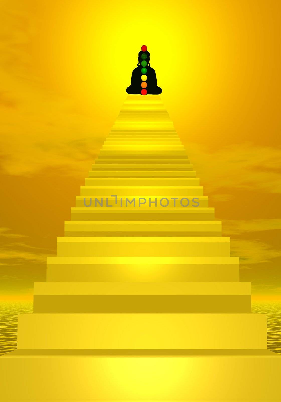 Stairs going to the shadow of a meditating human with chakras colors