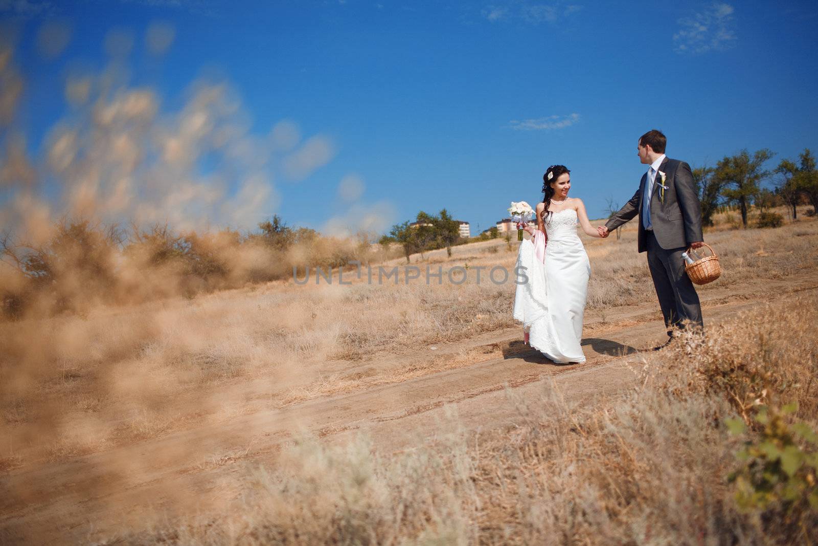 bride and groom walking on the road