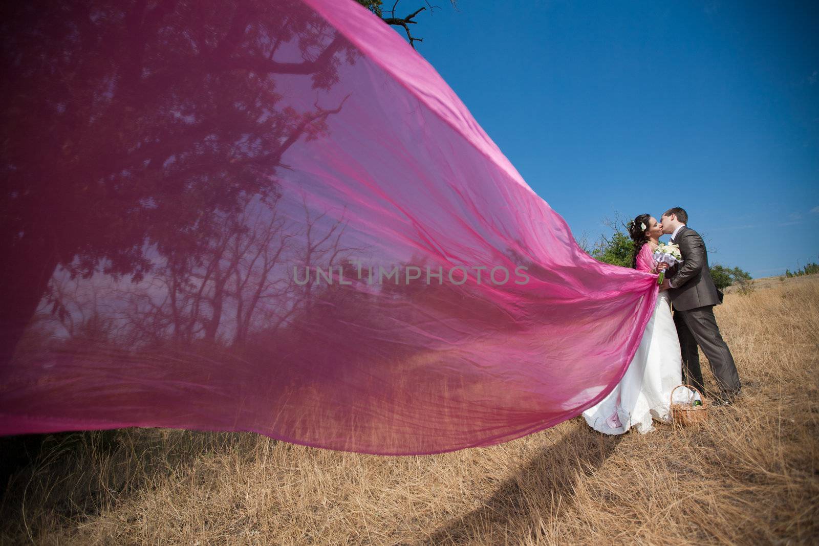 bride and groom with the pink shawl