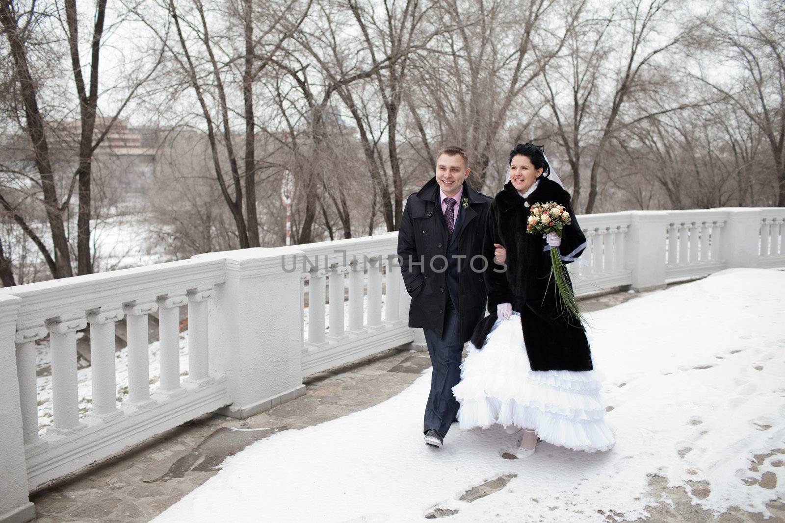 walk in winter of bride and groom