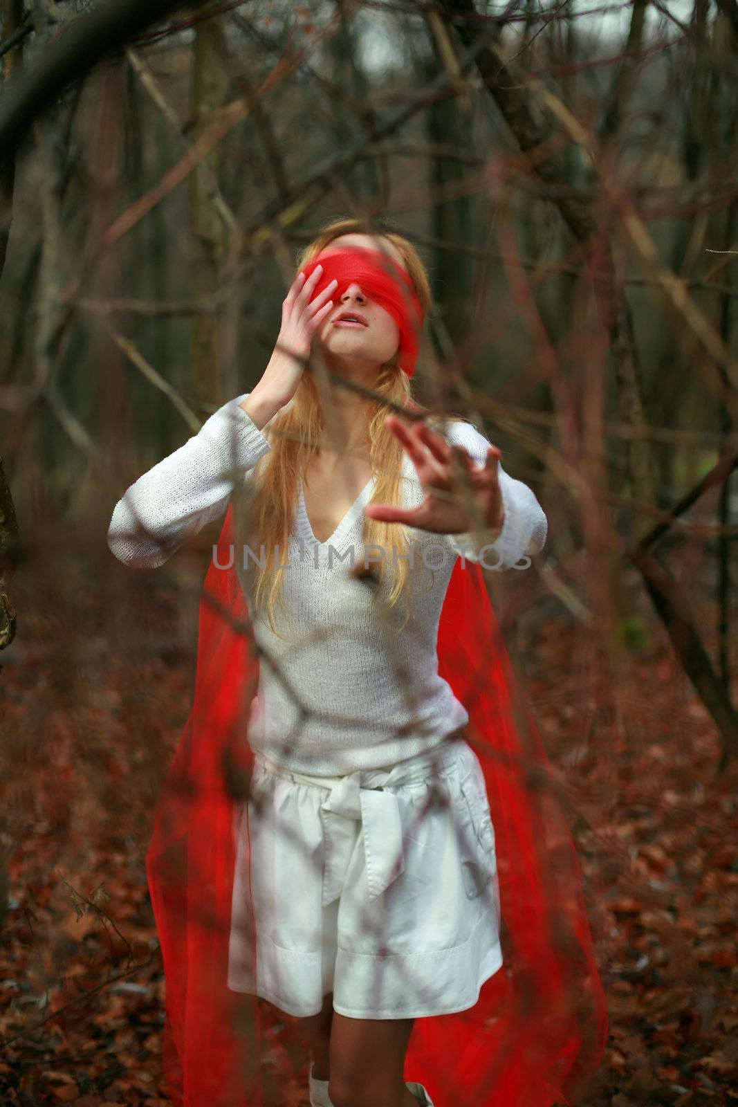 An image of blindfolded woman in dark forest
