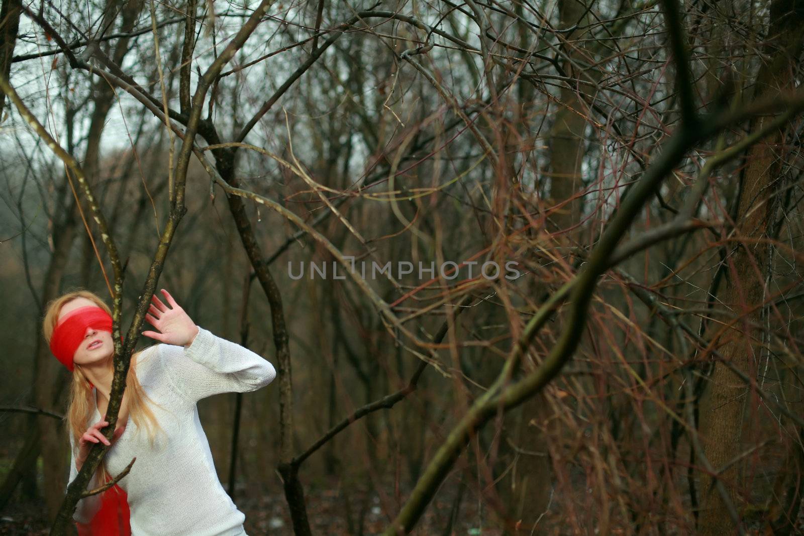 An image of blindfolded nice woman in dark forest