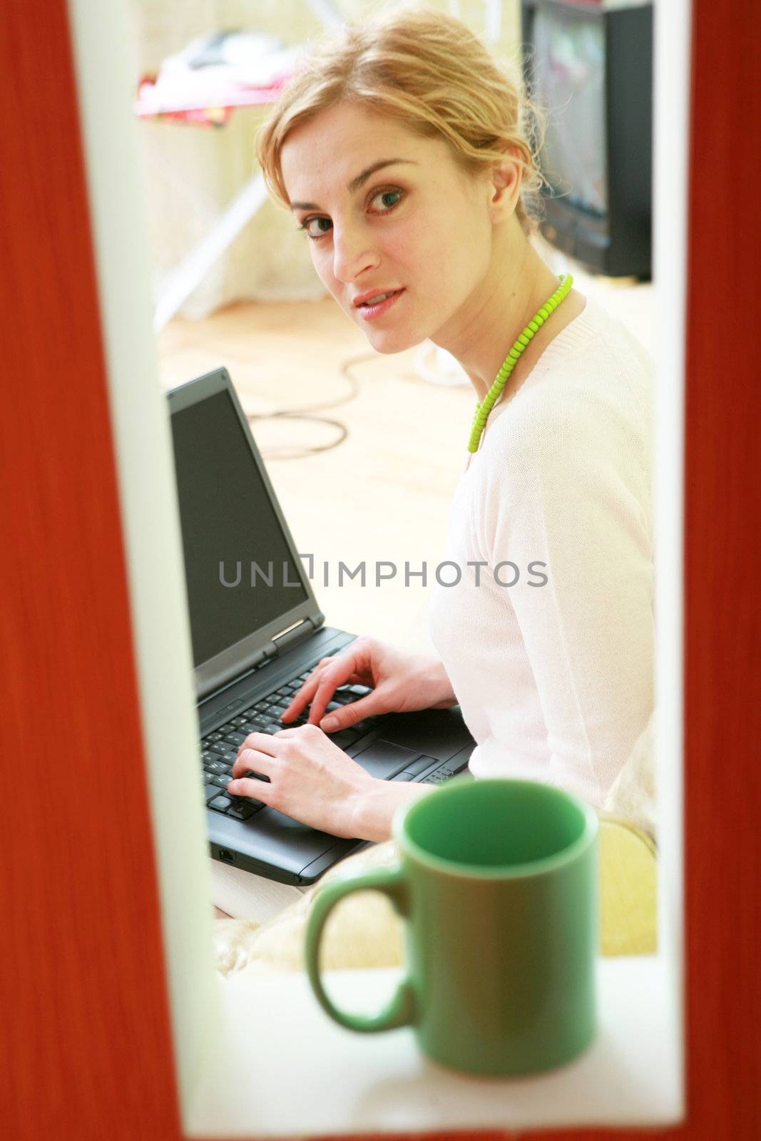 An image of a girl with a laptop at home