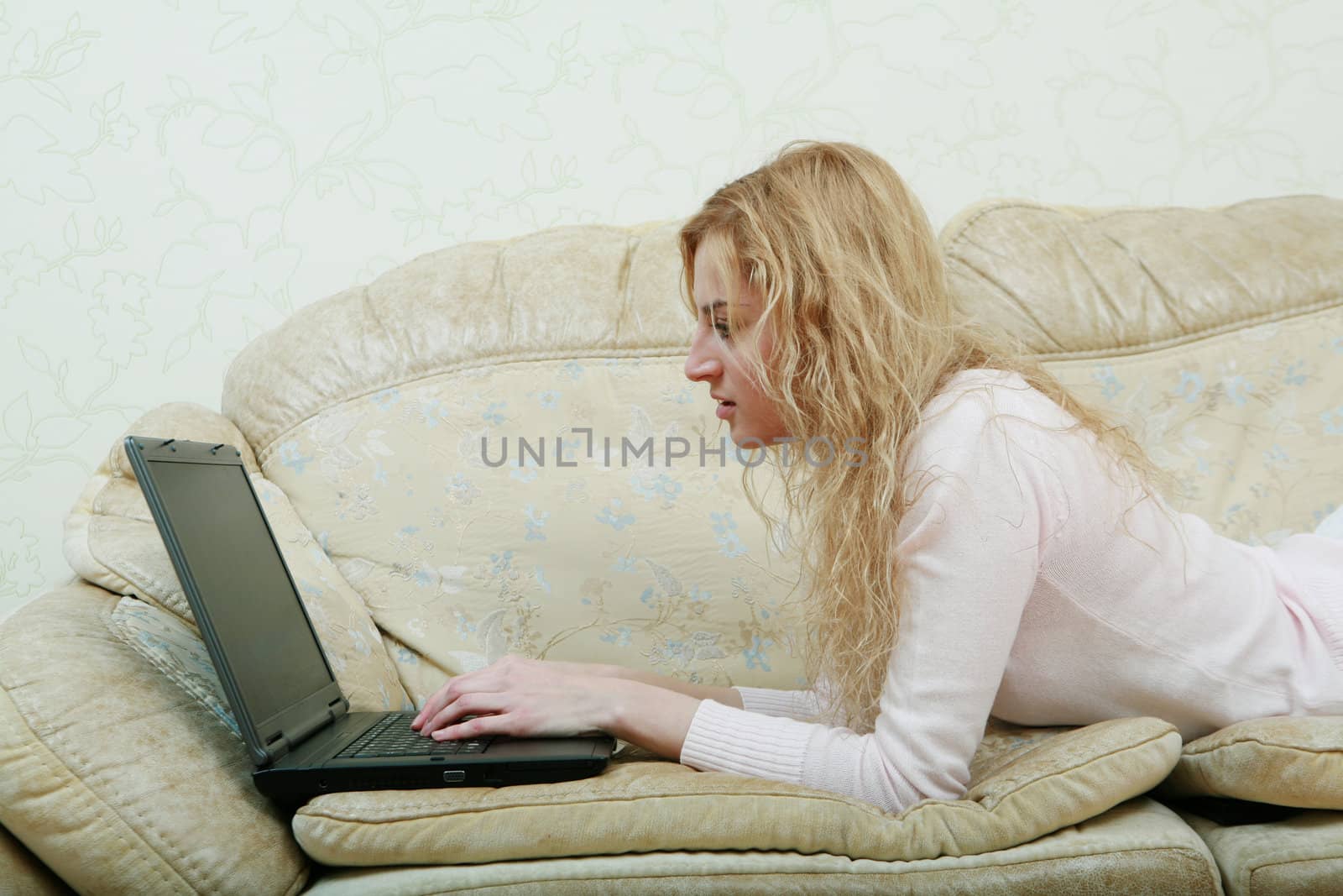 An image of nice girl with laptop on a sofa