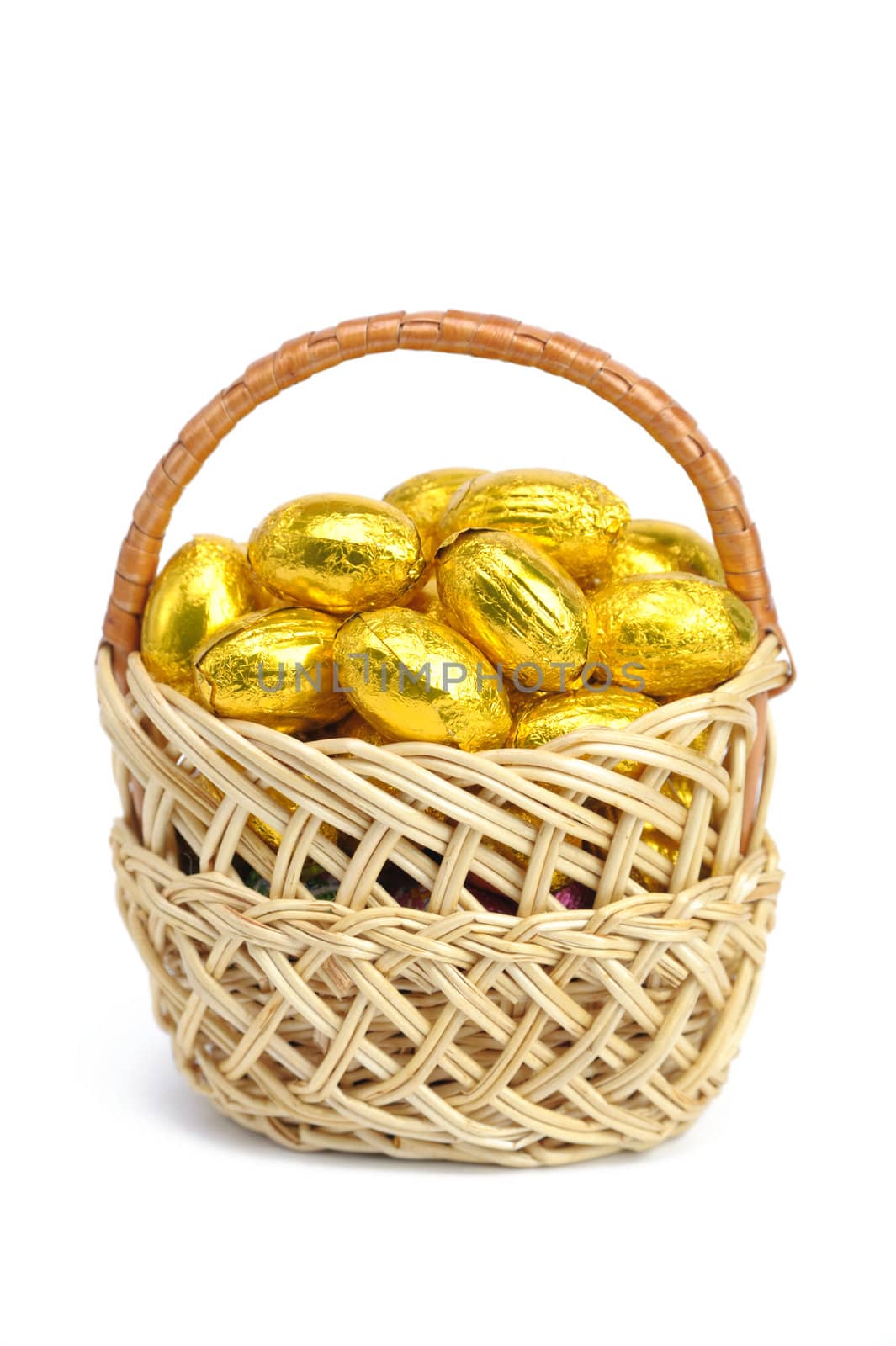 An image of golden eggs in a basket