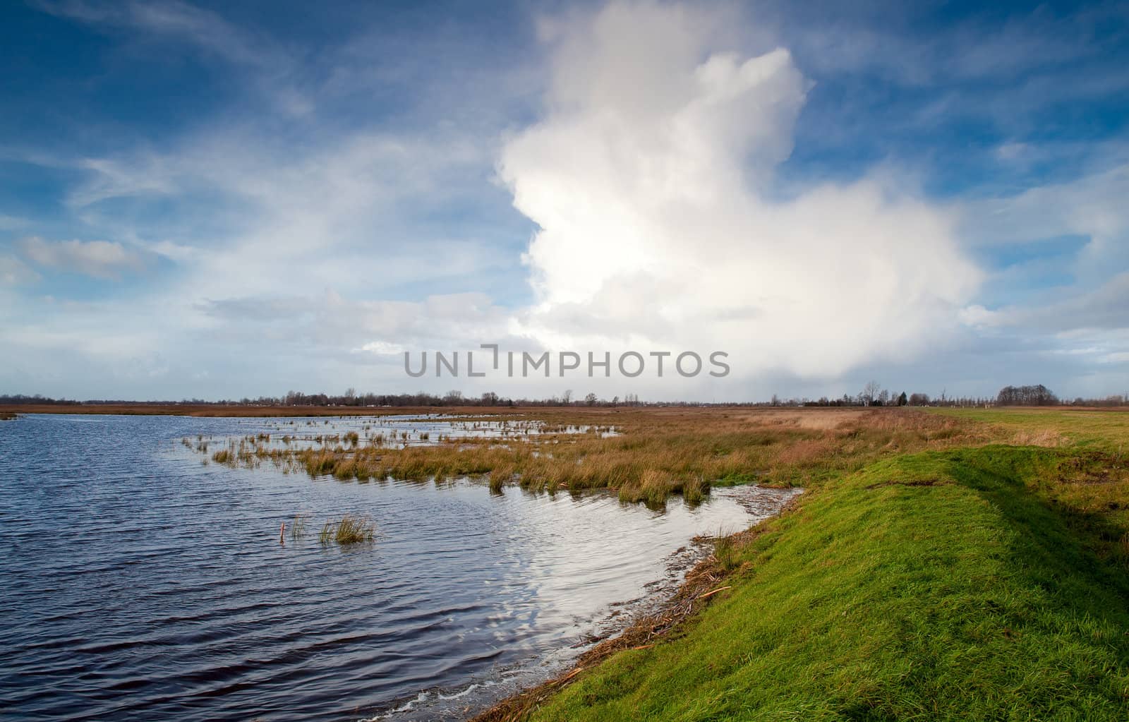 view on horizon between big lake and blue sky with clouds