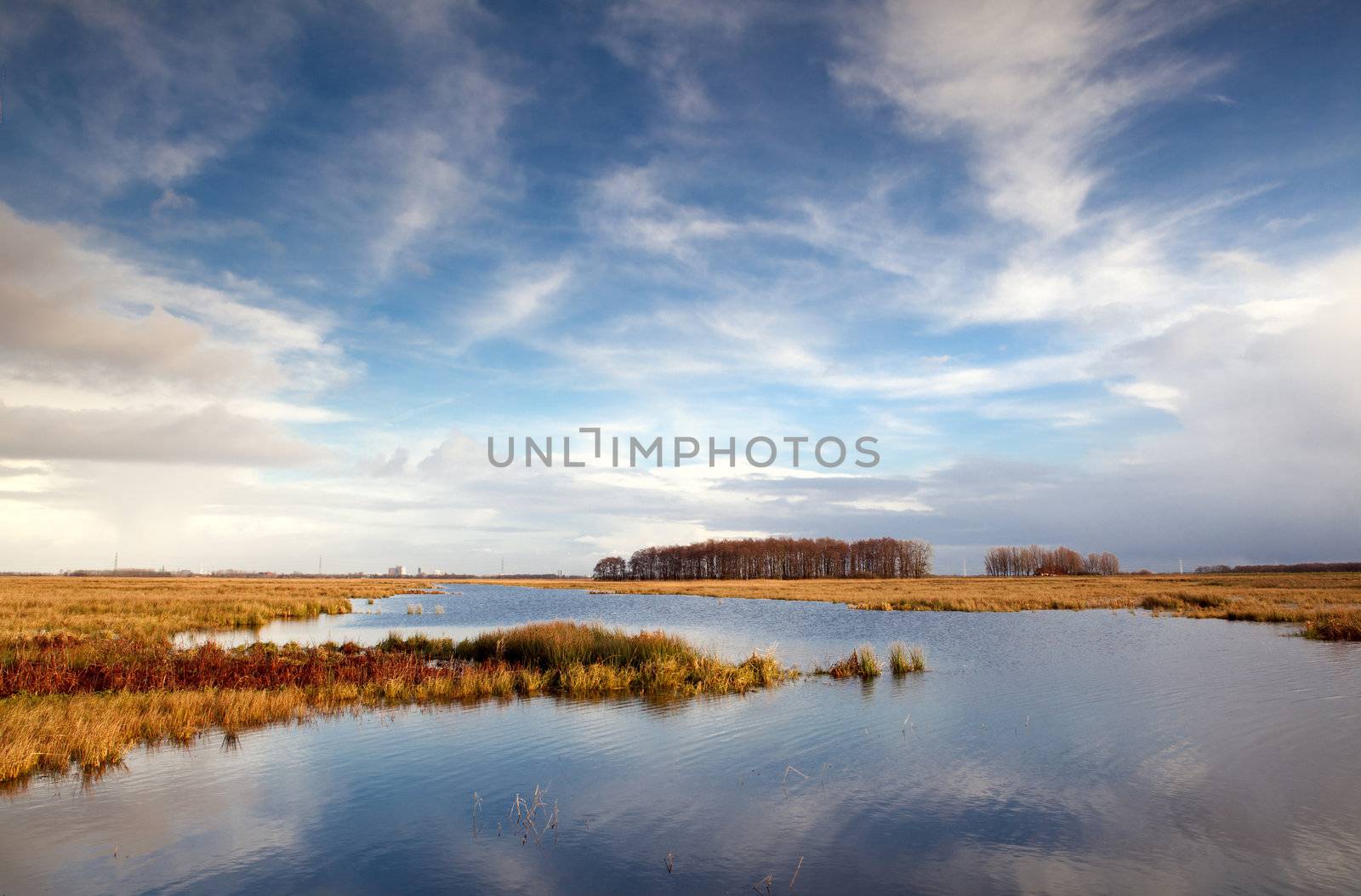 beautiful blue sky with clouds reflected in lake