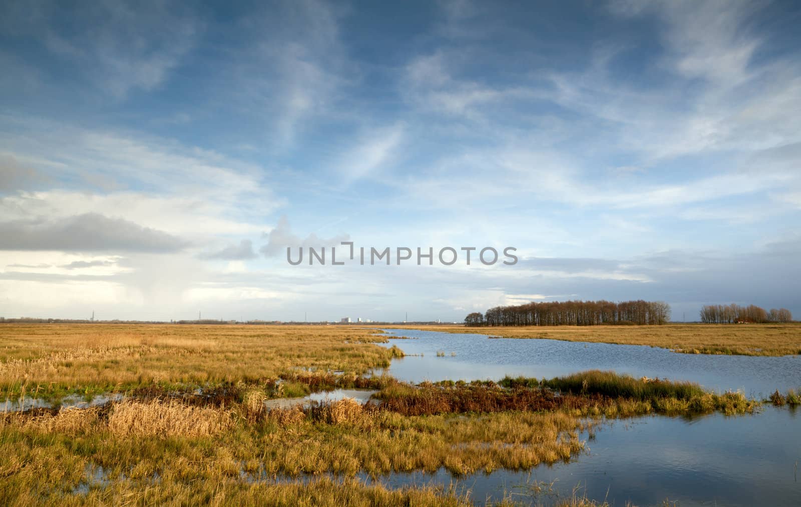 wide angle view on small wild lake and blue sky
