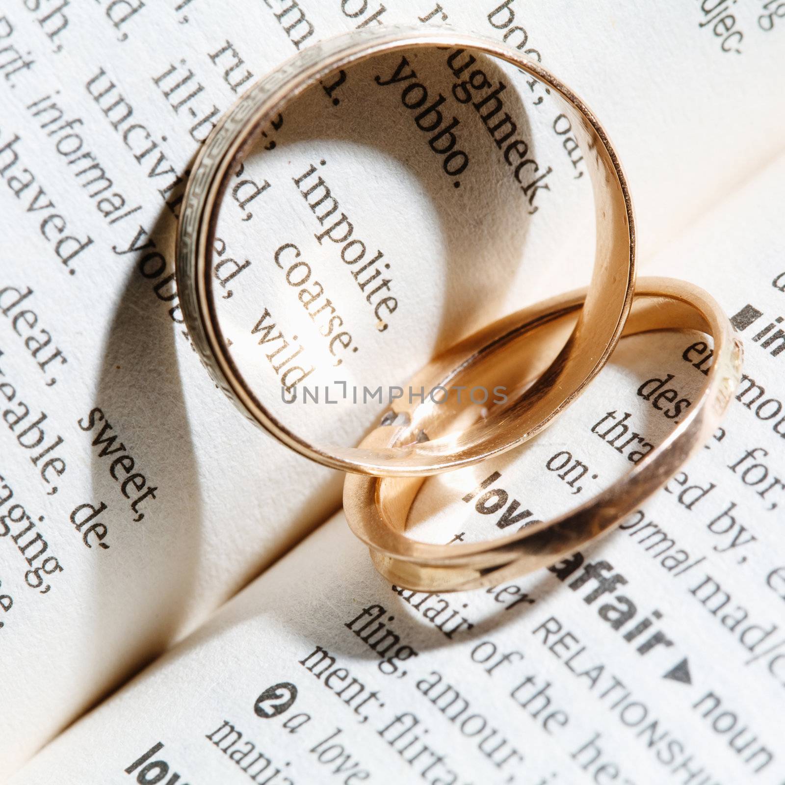 An image of two wedding rings on a background of a book