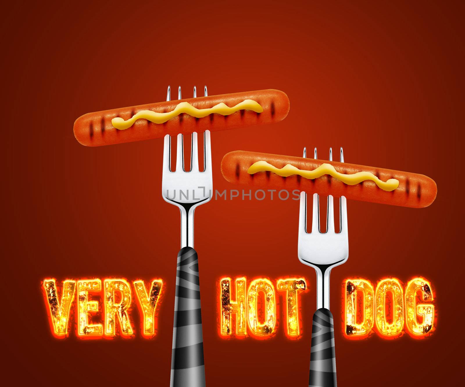 close up of hotdog pierced by fork, isolated on white background
