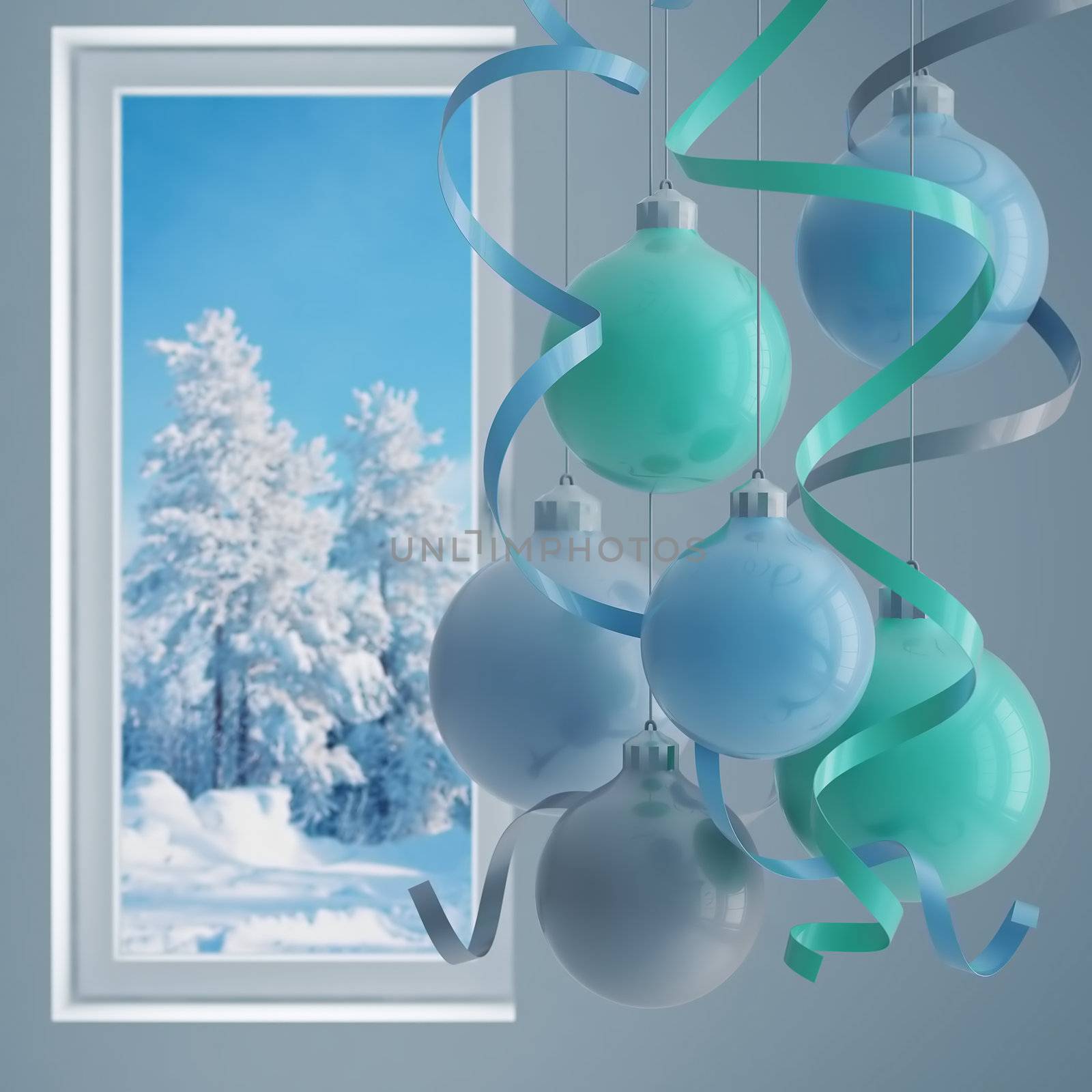blue christmas balls in an environment of ribbons on a window background