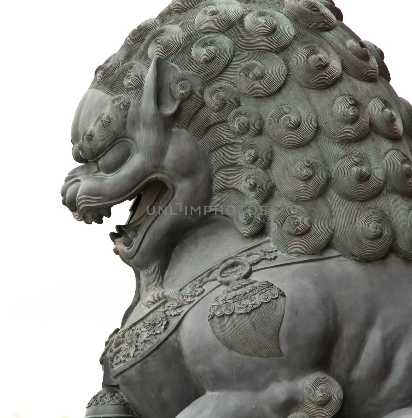 Lion statue in Chinese temple on white background