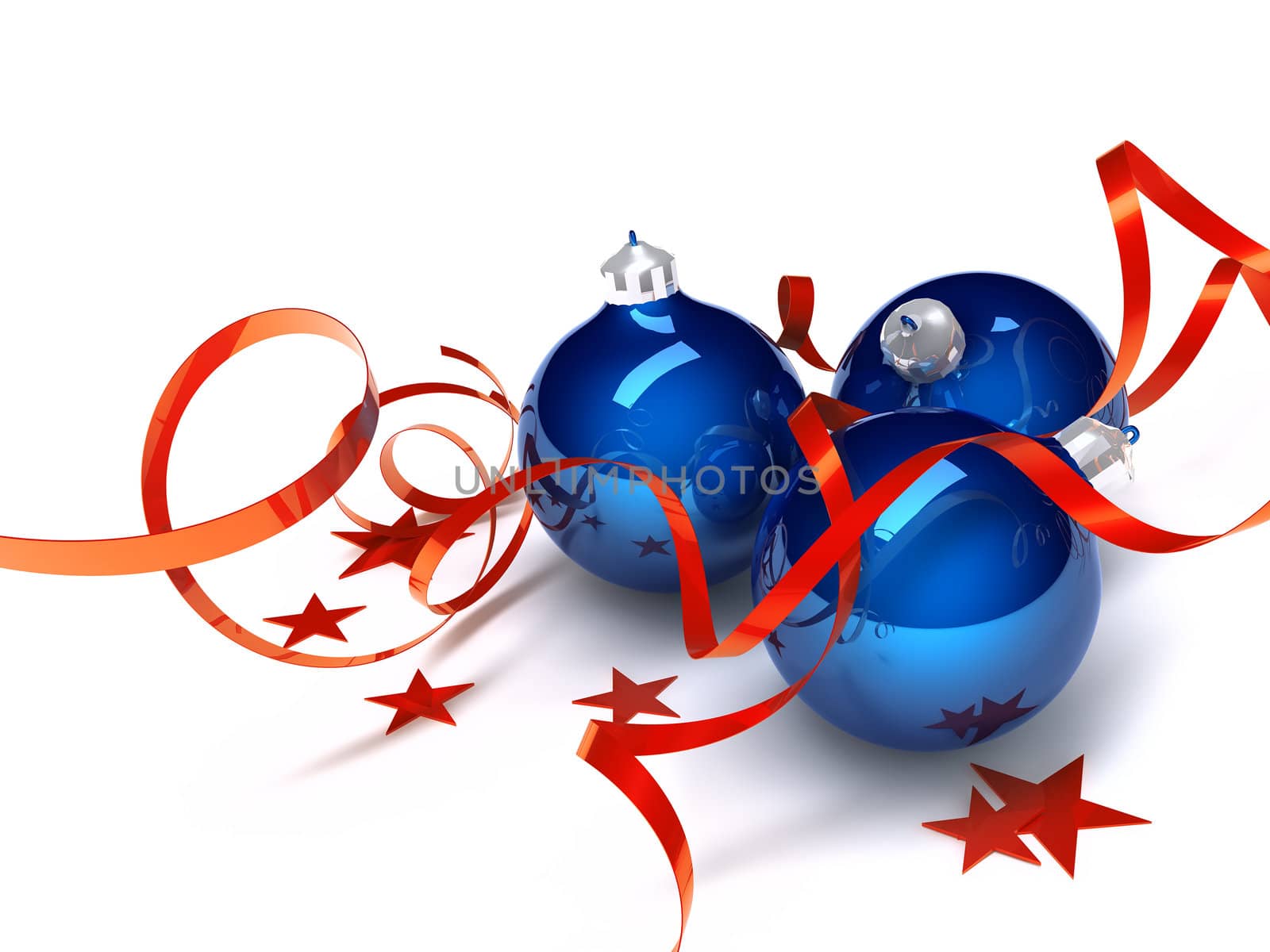 Christmas toys in an environment of stars and a tinsel on a white background