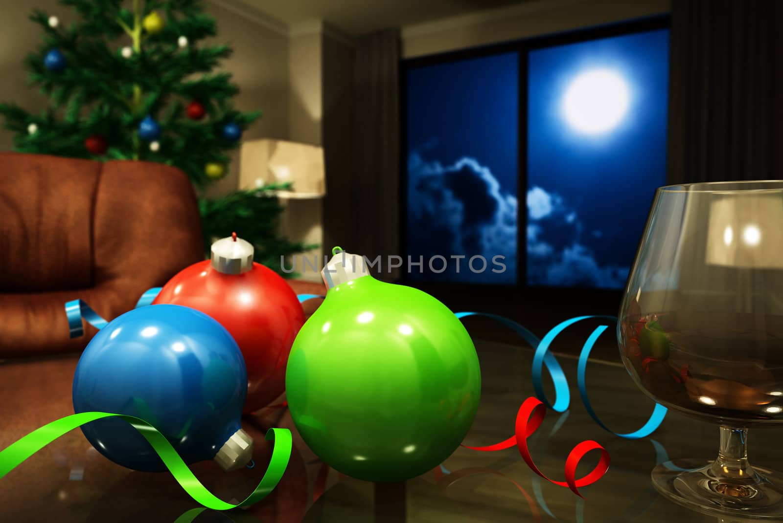 bright decorations and cognac in an interior in christmas night