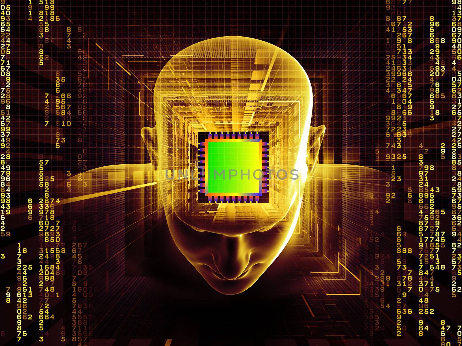 Collage of human head, computer chip, digits and various abstract elements on the subject of intelligence, science, technology, human and artificial mind