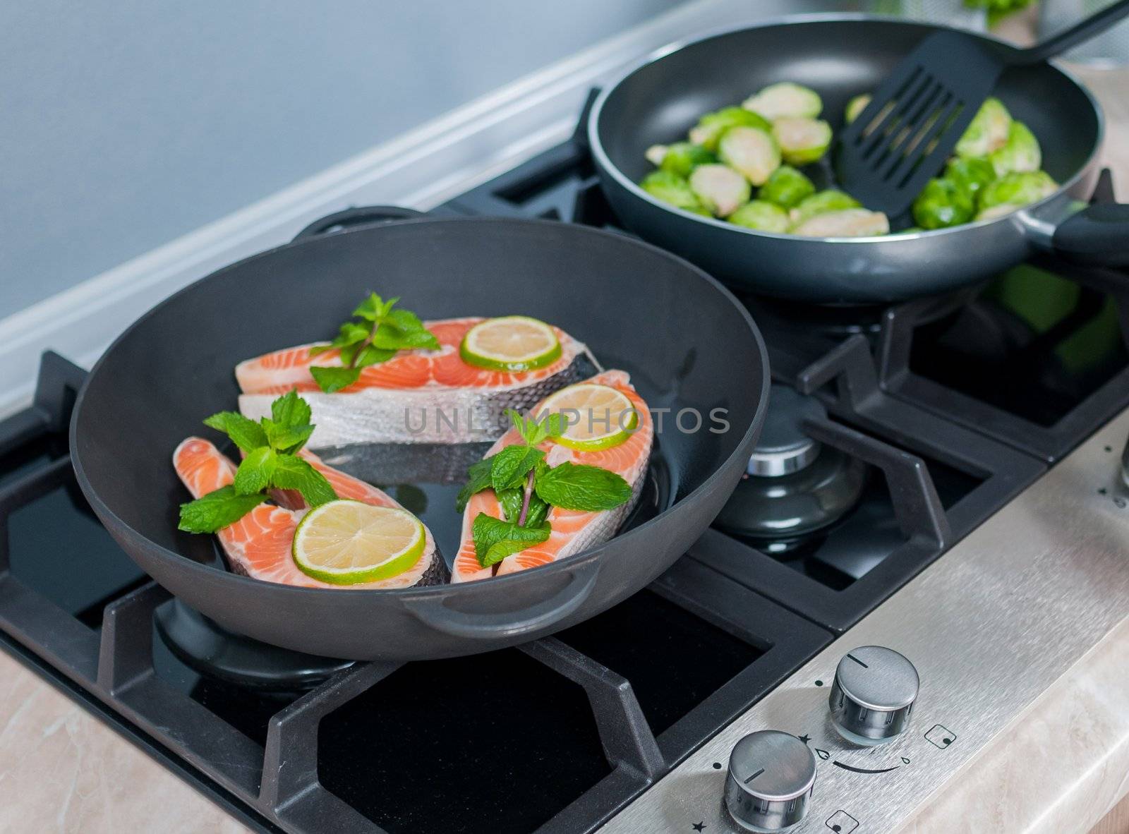 vegetables dish prepared in a black skillet in the kitchen