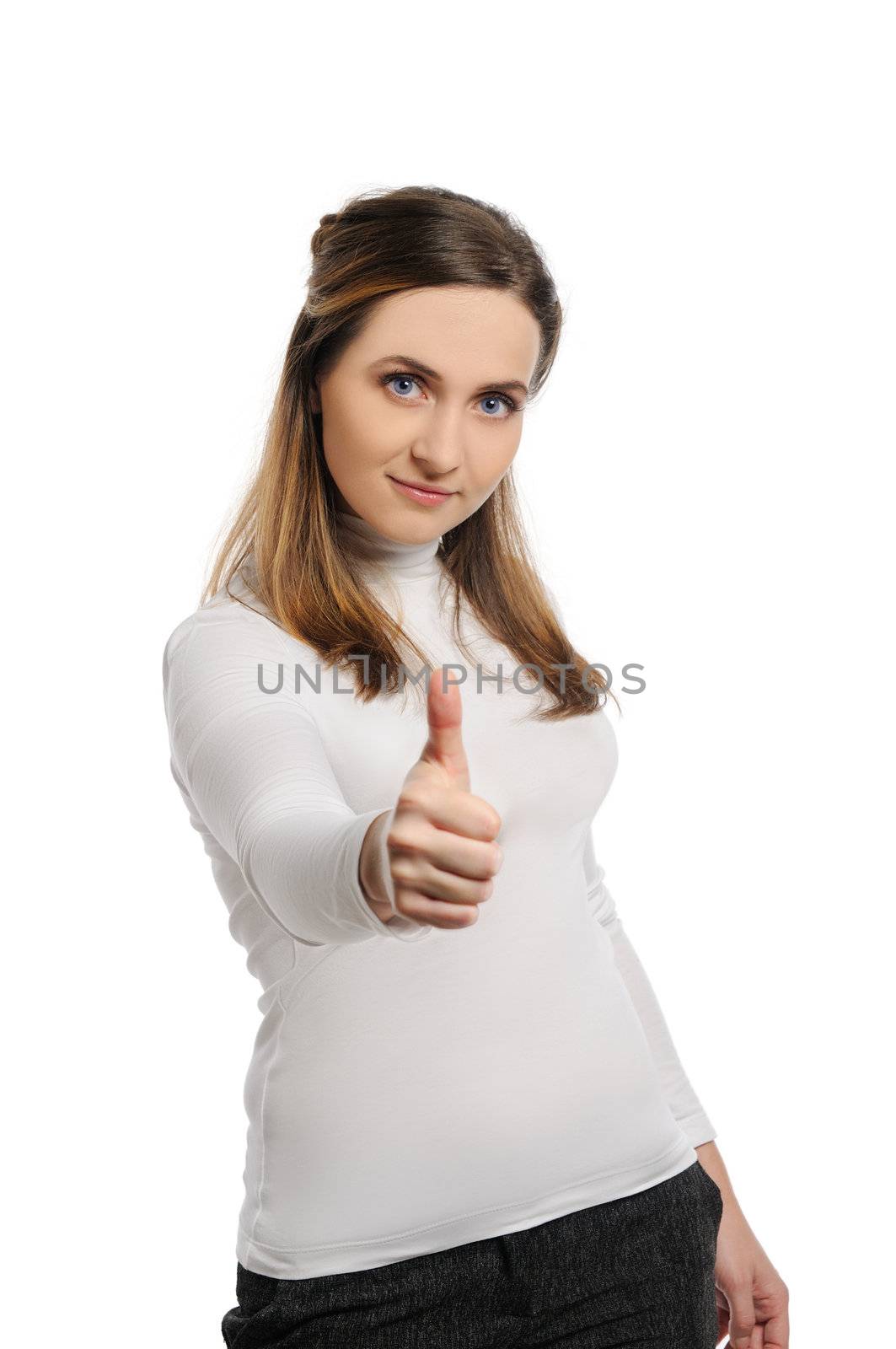 Beautiful young woman thumb up. Isolated on white background.