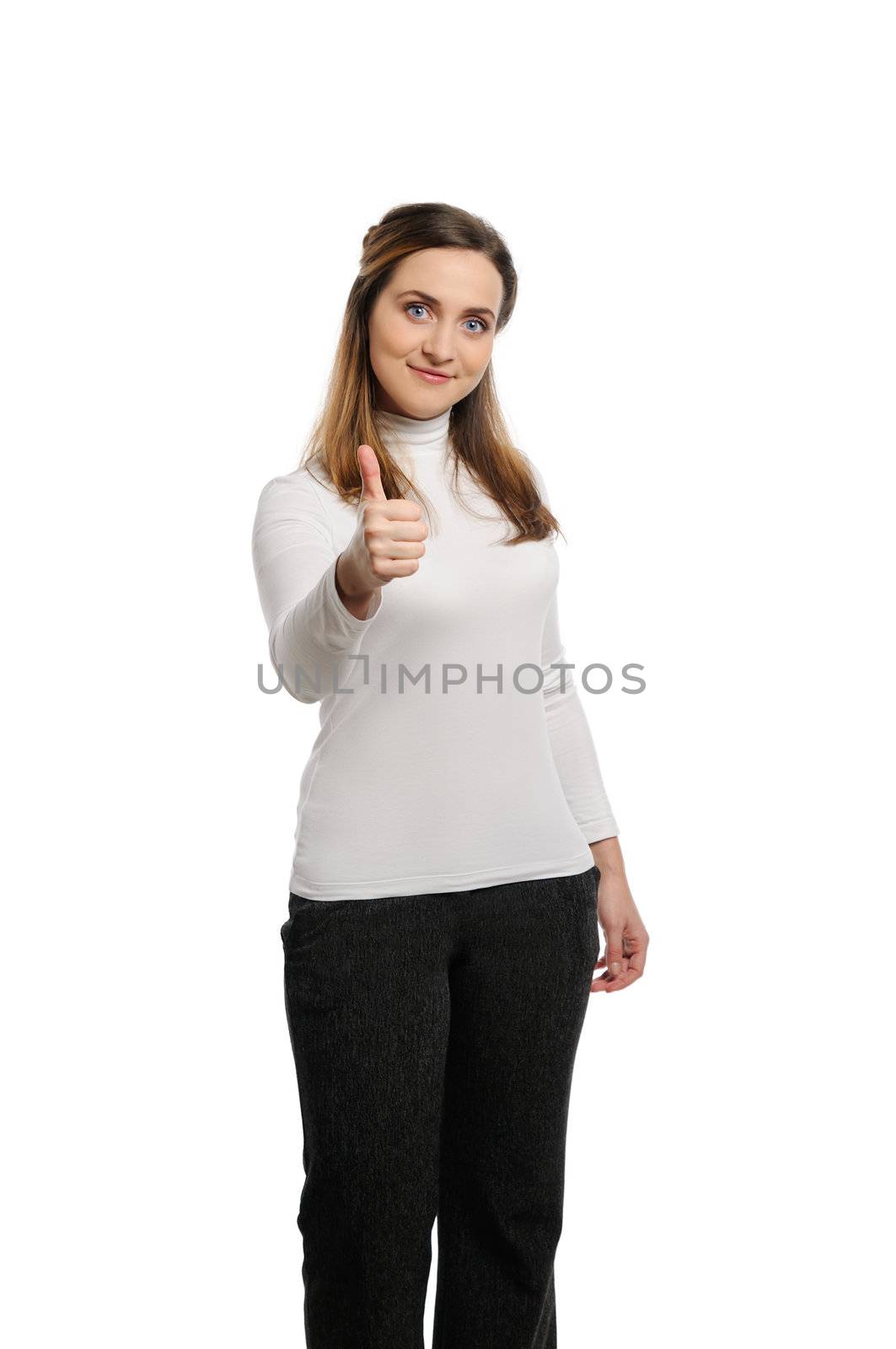 Beautiful young woman thumb up. Isolated on white background.