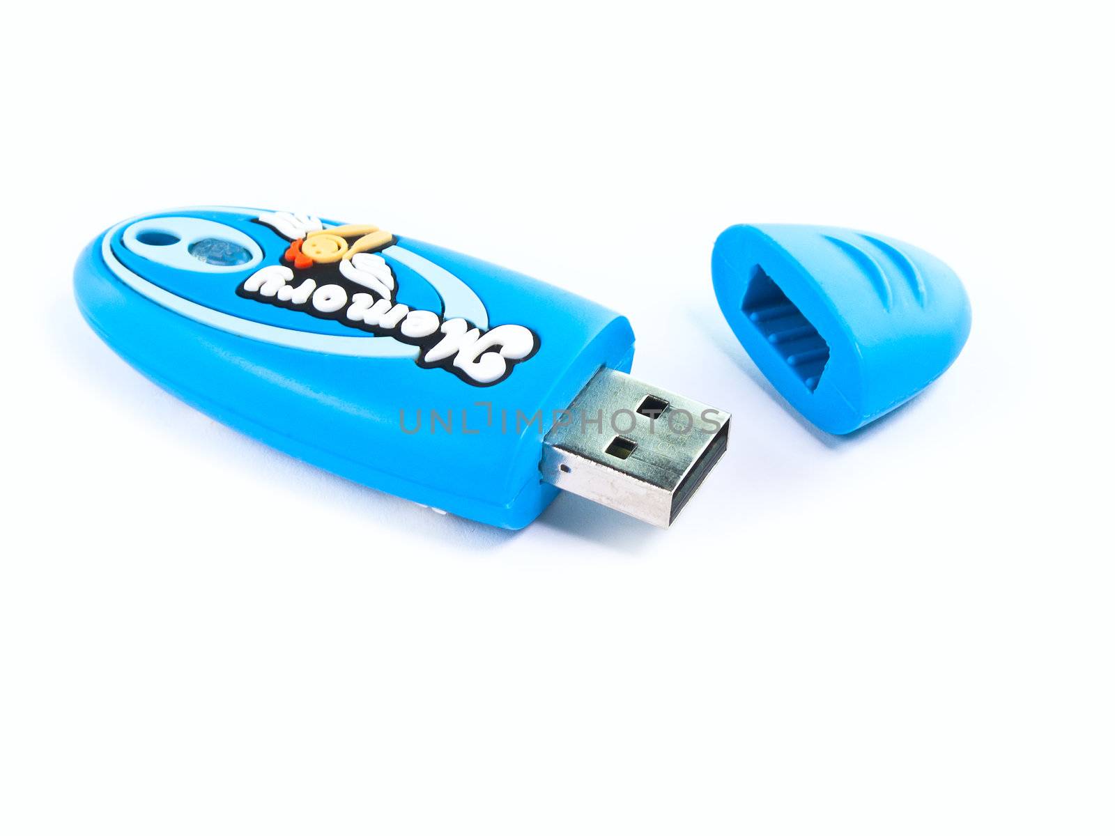 Isolated blue USB a flash card with an inscription memory