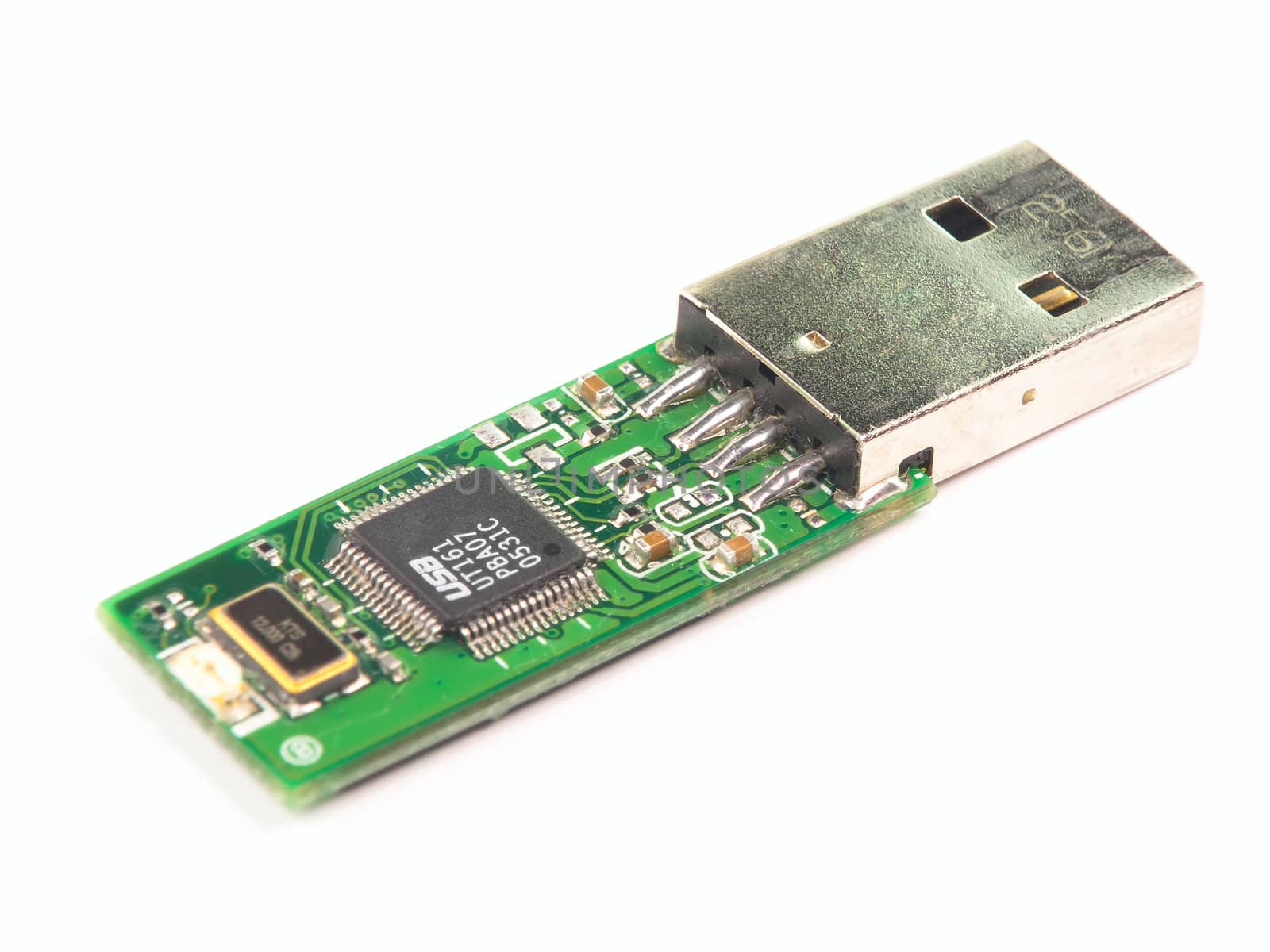 Isolated disassembled USB the flash card, is visible all microcircuits