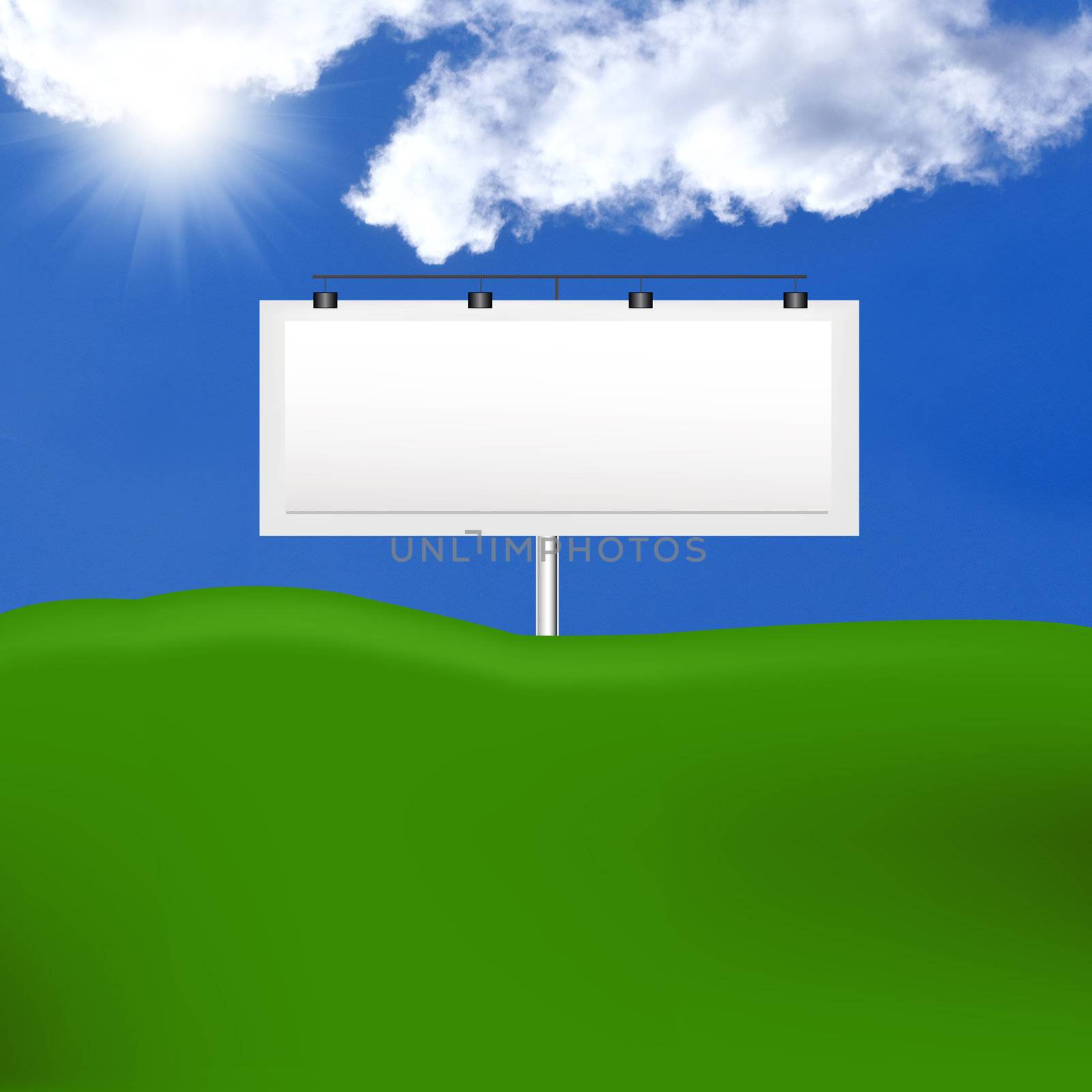 Publicity board against the bright blue cloudy sky and greenfield