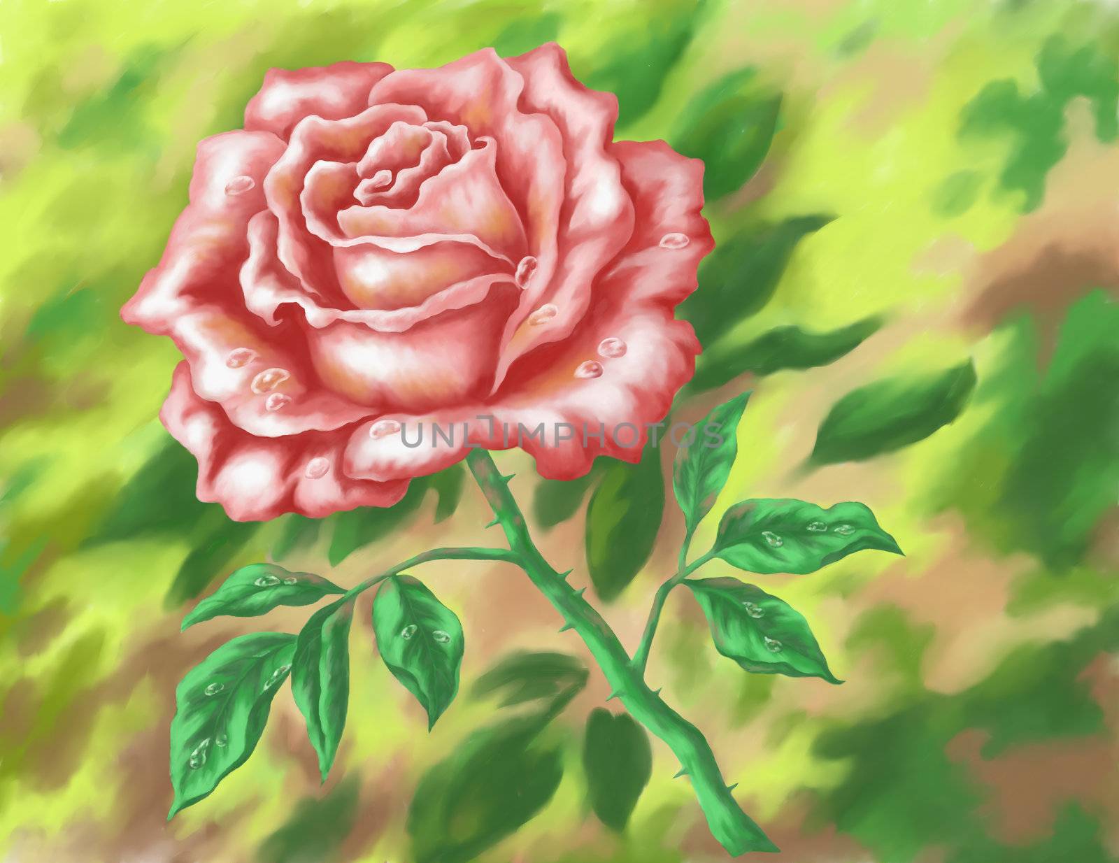 Flower rose on green background. Picture, acrylic, hand-draw painting