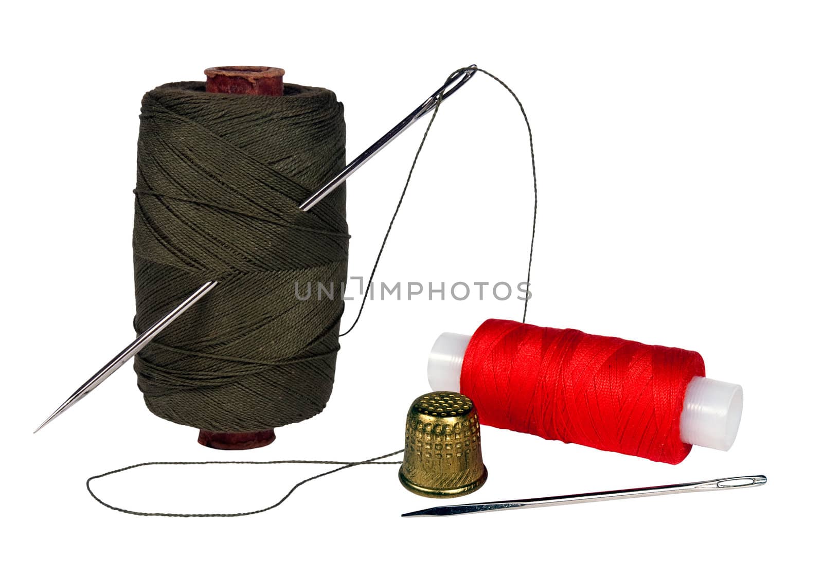 Spools of thread, needles on a white background. collage