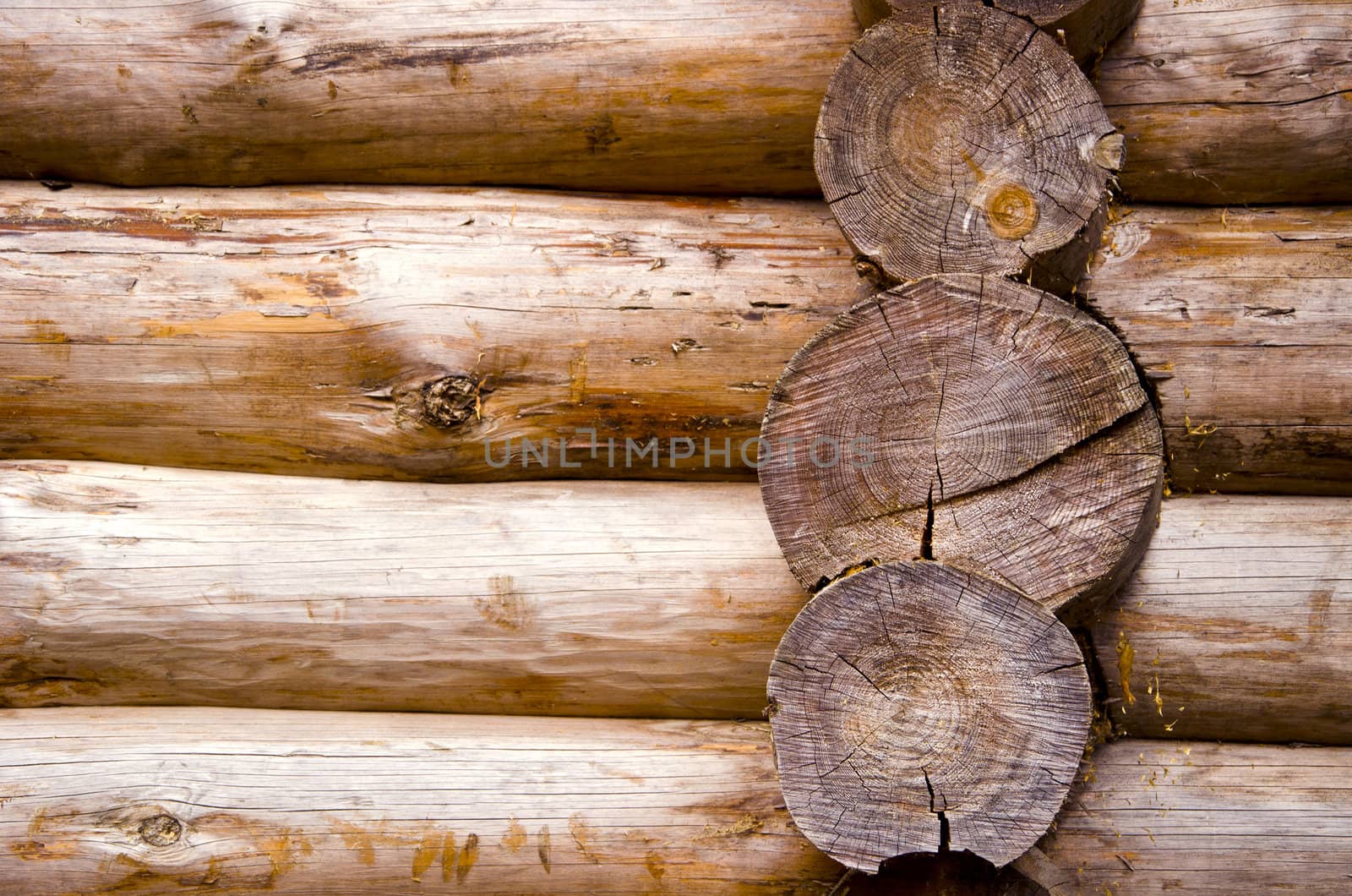 Background of retro rural log house wall. House made of tree trunks closeup.