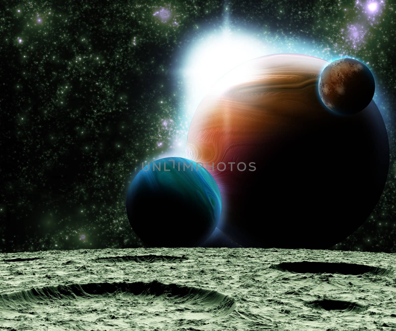 View of the Universe from the moon's surface. Abstract illustration of distant regions.