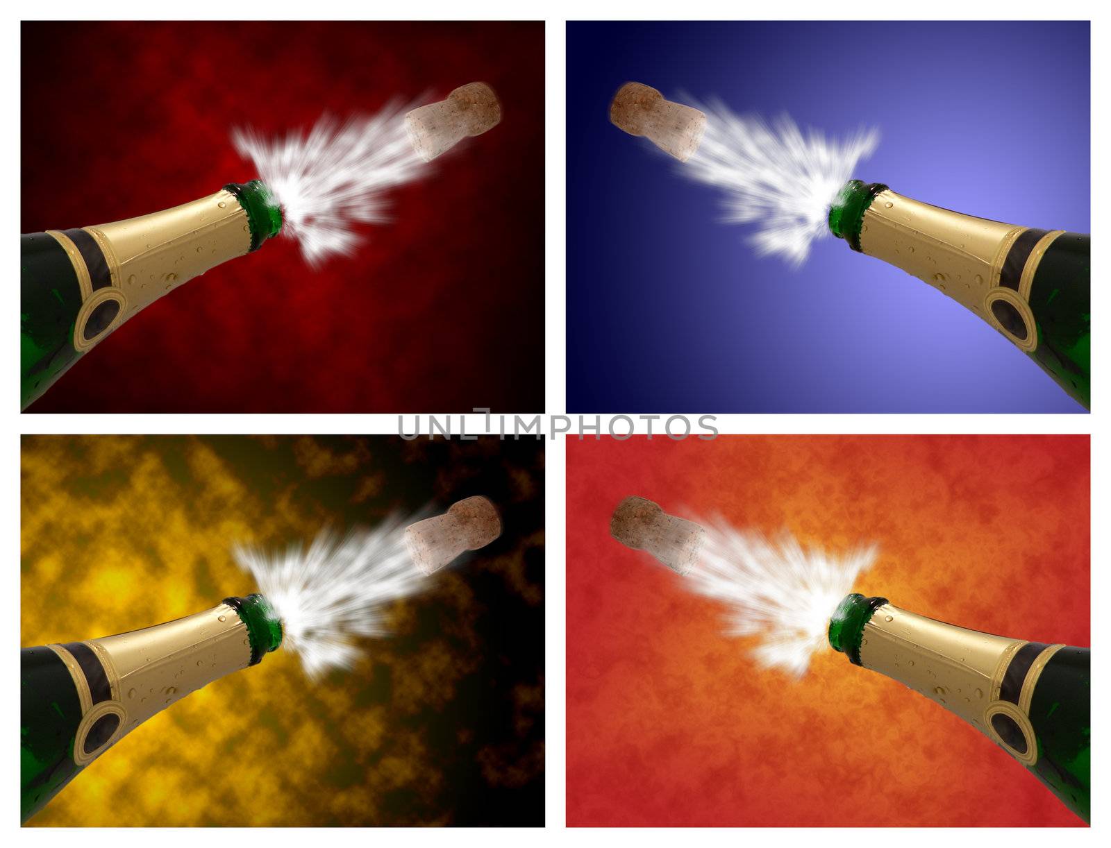 Open a champagne bottle against different colorful abstract background.