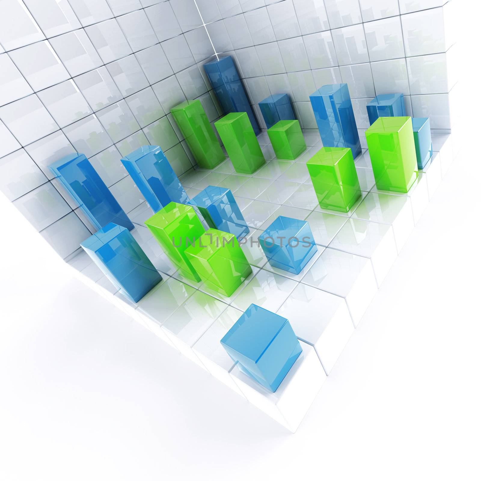 Abstract cubes of blue and green color as a technological background