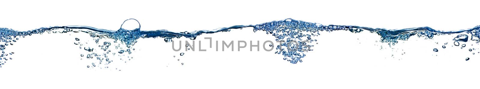 Isolated water splashing panorama with bubbles and water drops - abstract background environmental theme