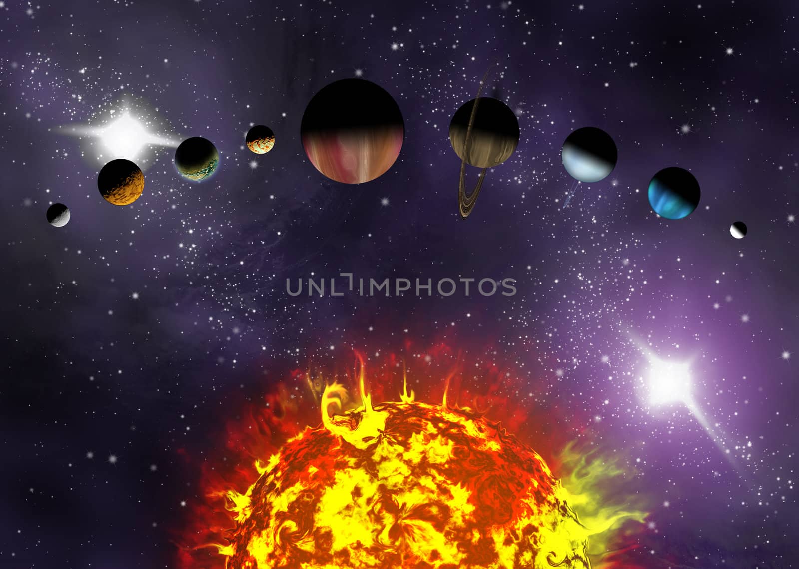 Illustrated diagram showing the order of planets in our solar system. Abstract illustration of planets in deep space.