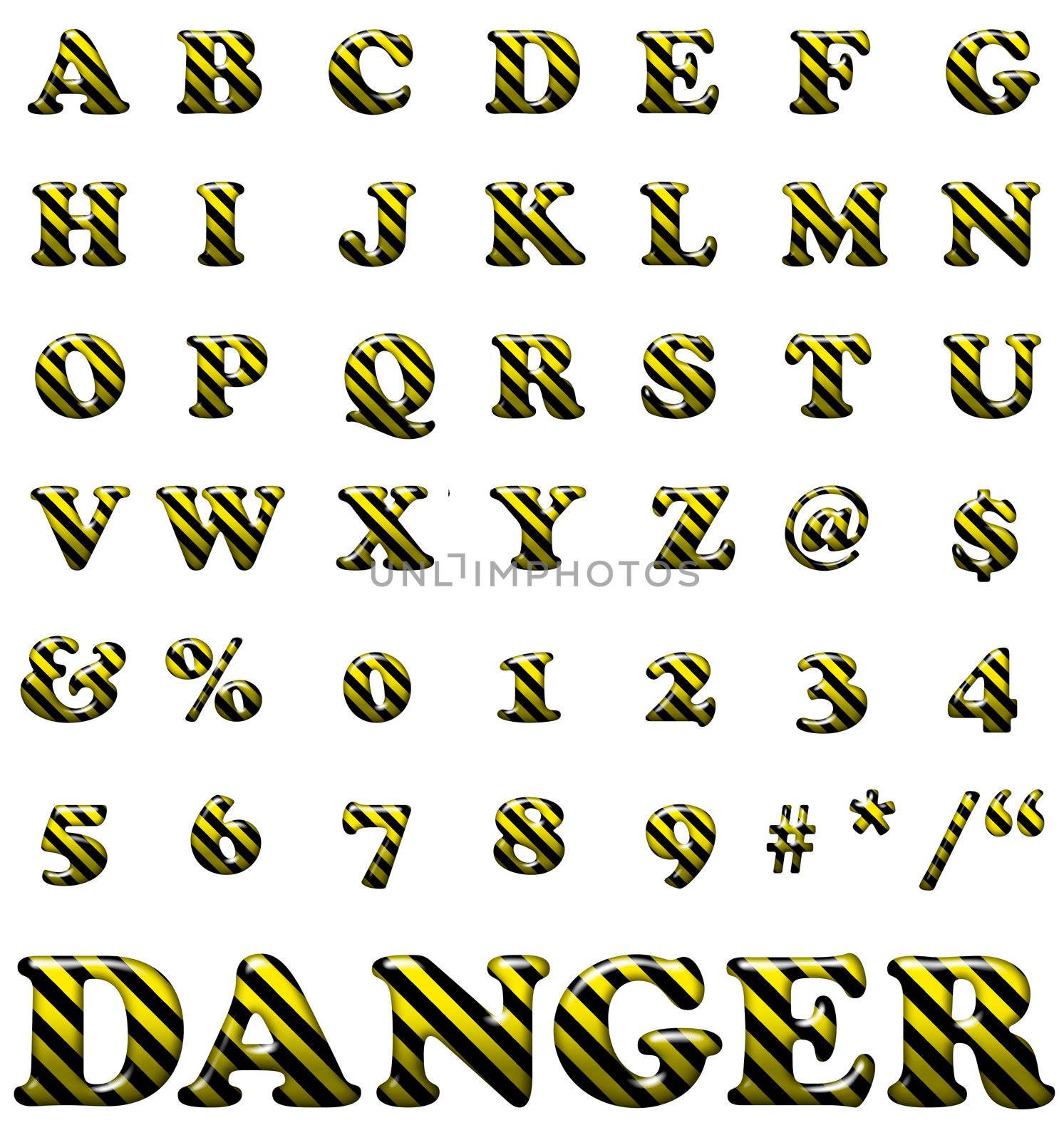 Exclusive collection letters with danger stripes on white background. Yellow and black illustrated danger letters.