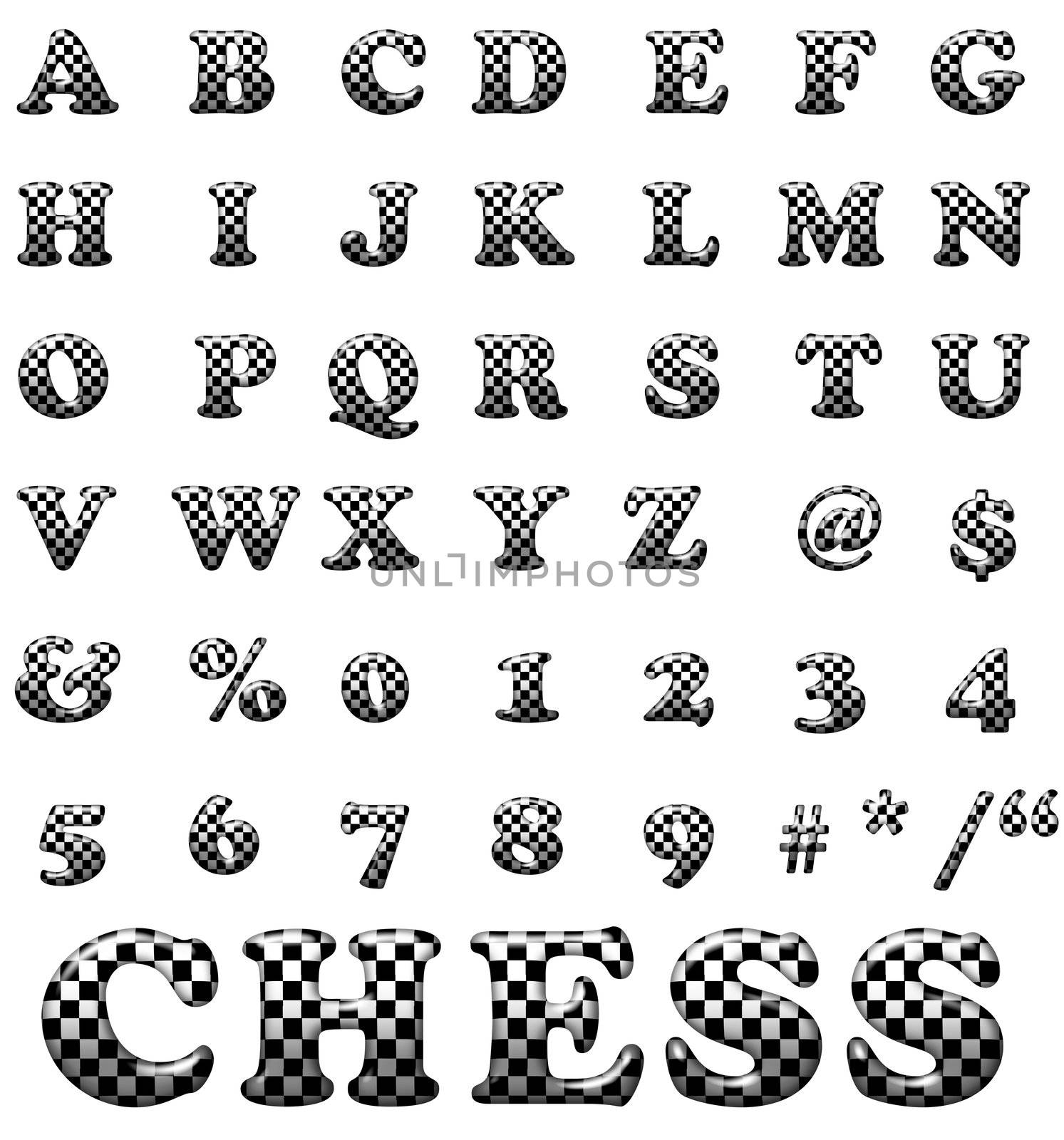 Exclusive collection letters with chess square on white background. White and black illustrated chess square letters.