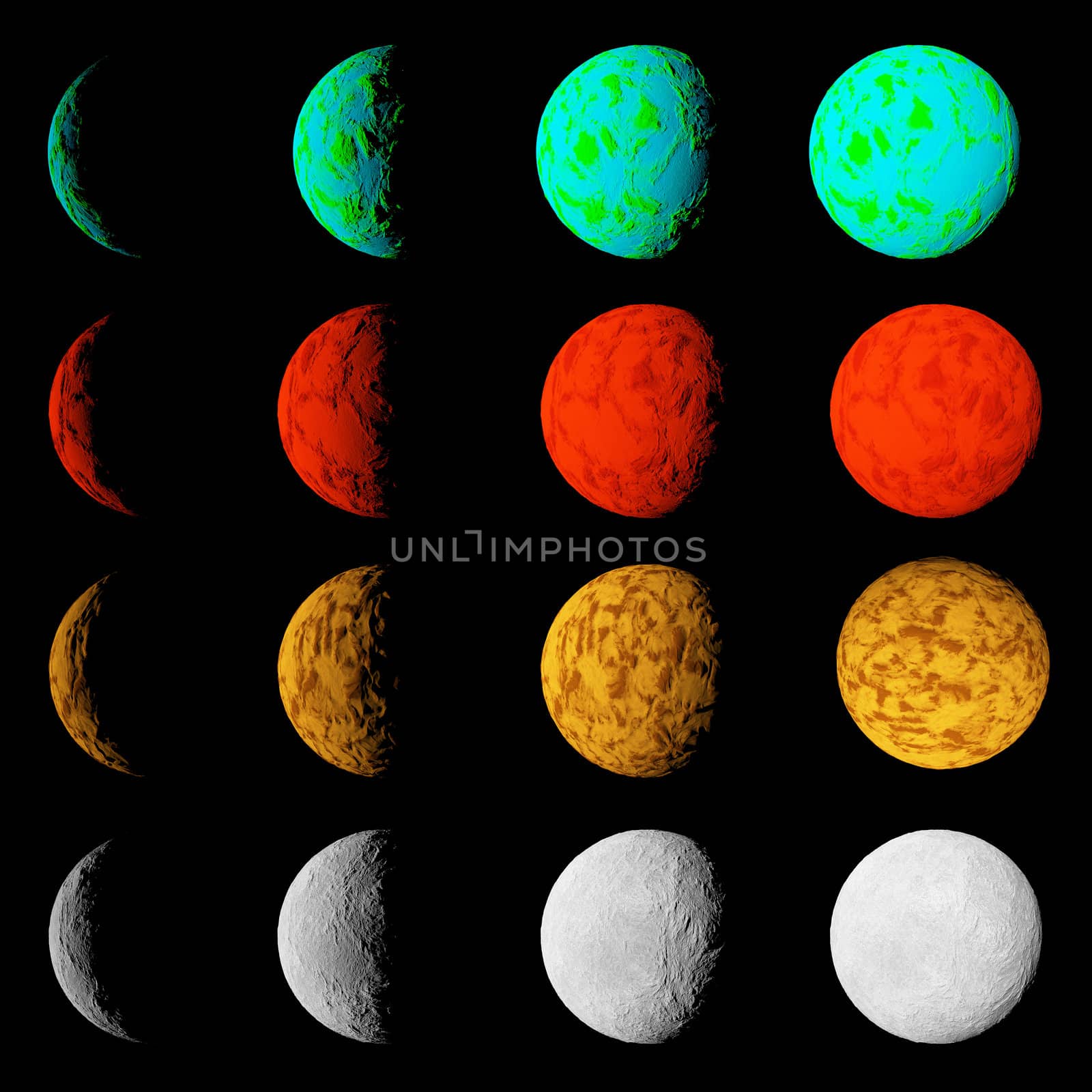 Phase of lighting different planets. Planets in deep dark space. Abstract illustration of universe.