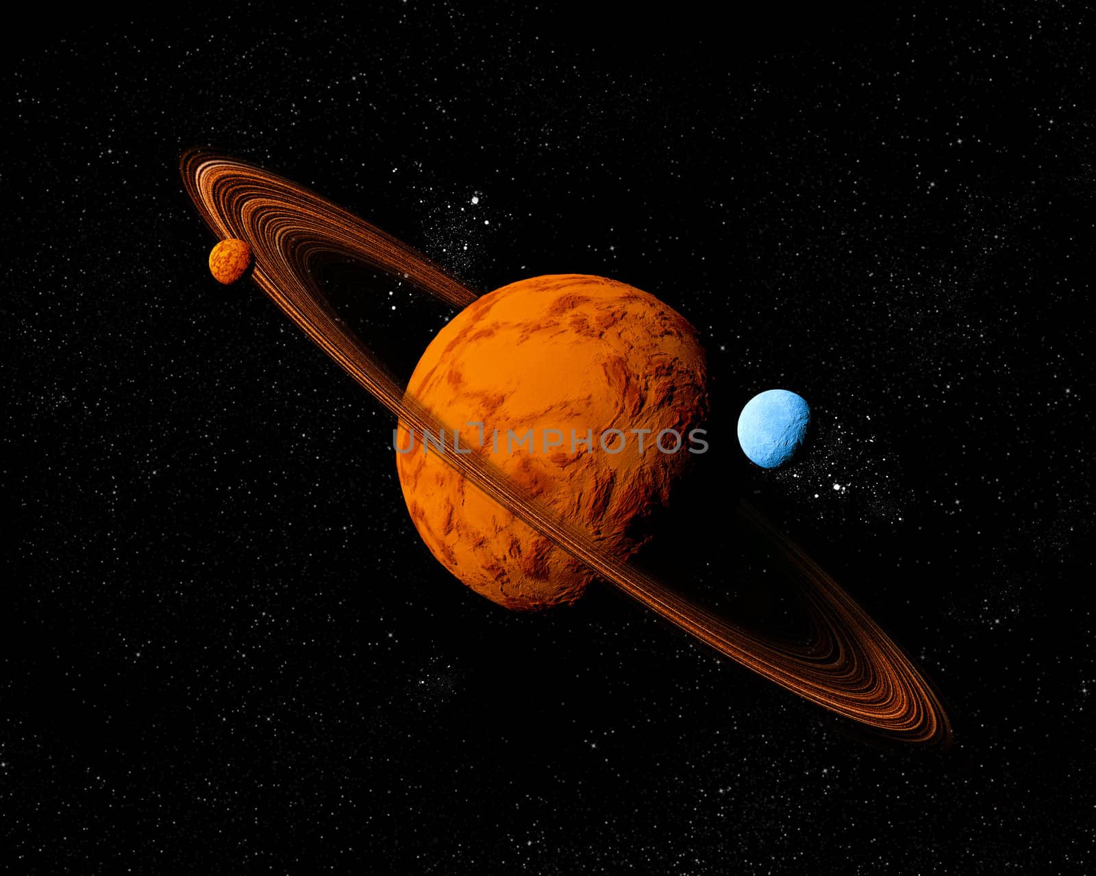 Planet with ring and moons. Abstract background of deep space. In the far future travel. New technologies and resources.