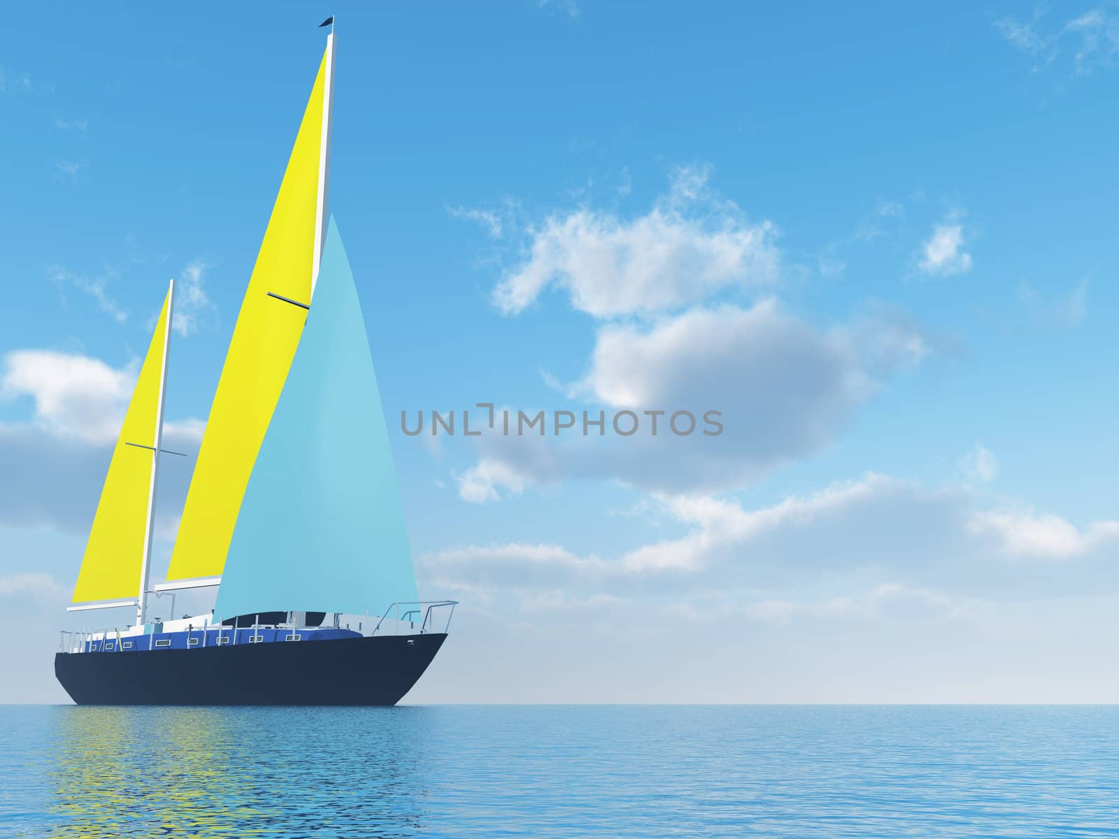 sailing vessel travelling on ocean on a background of the cloudy blue sky