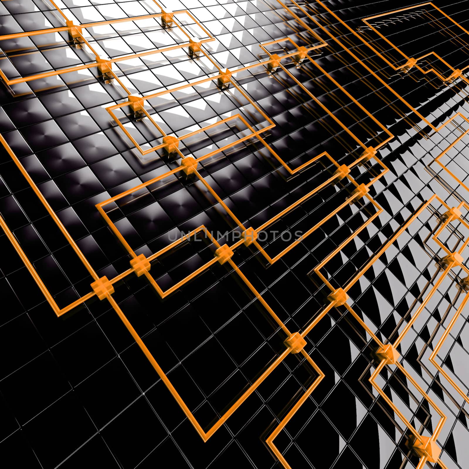 Abstract background from black metal big and orange small cubes