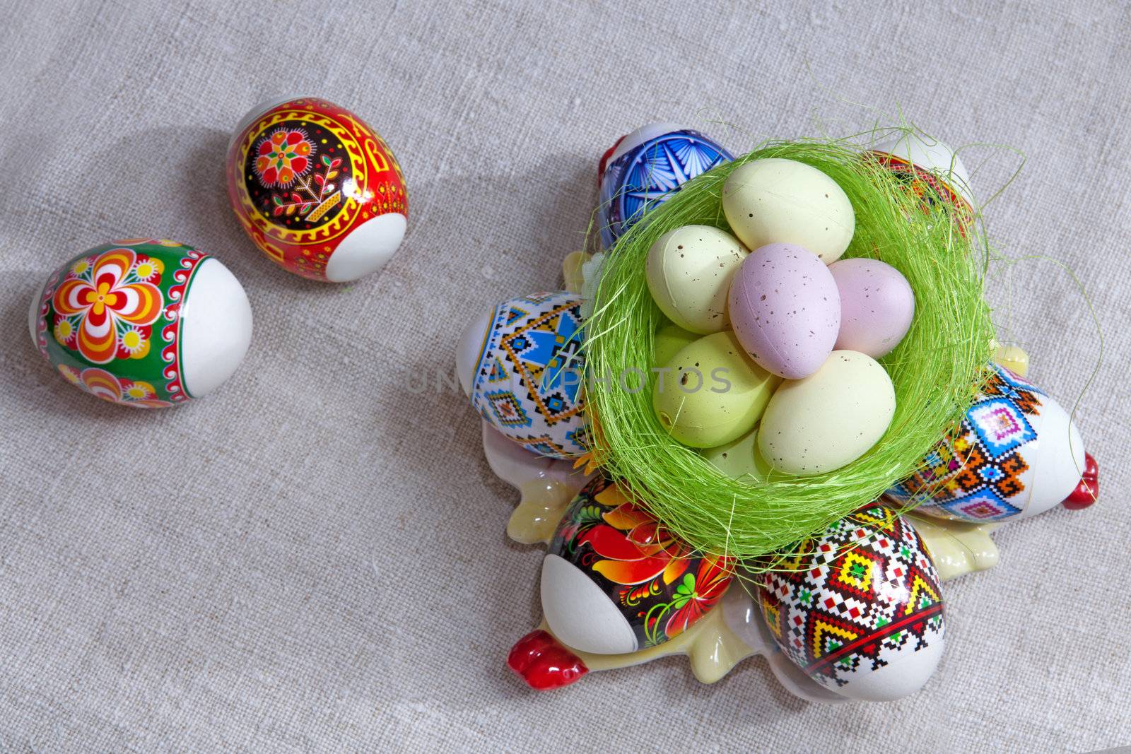 Painted Colorful Easter Eggs on linen fabric